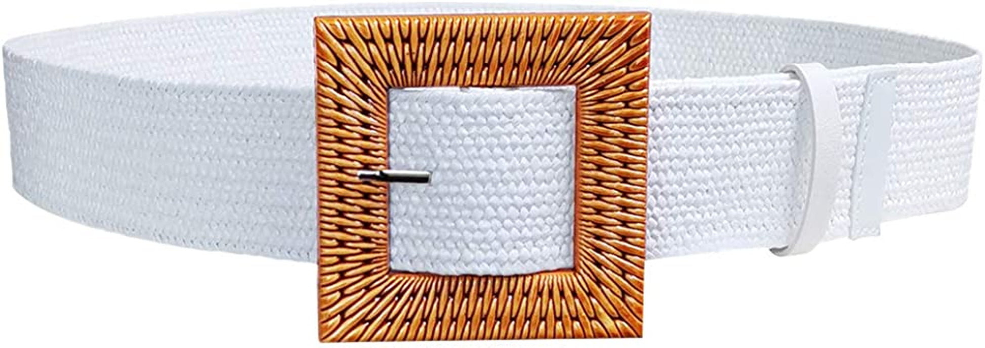 Women Skinny Dress Belt, Fashion Straw Woven Elastic Stretch Waist Band Wood Buckle Belt Apparel & Accessories > Clothing Accessories > Belts YUCFOREN White Waist below 39"