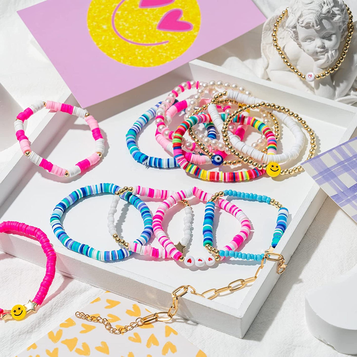 Lietoi Preppy Heishi Bracelets Set Colorful White Gold Smile Heart Star Evil Eye Beaded Polymer Clay Pearl Stackable Charm Y2K Kidcore Summer Beach Bohemian Layering Bracelets Jewelry for Women Girls Teens Apparel & Accessories > Jewelry > Bracelets LieToi