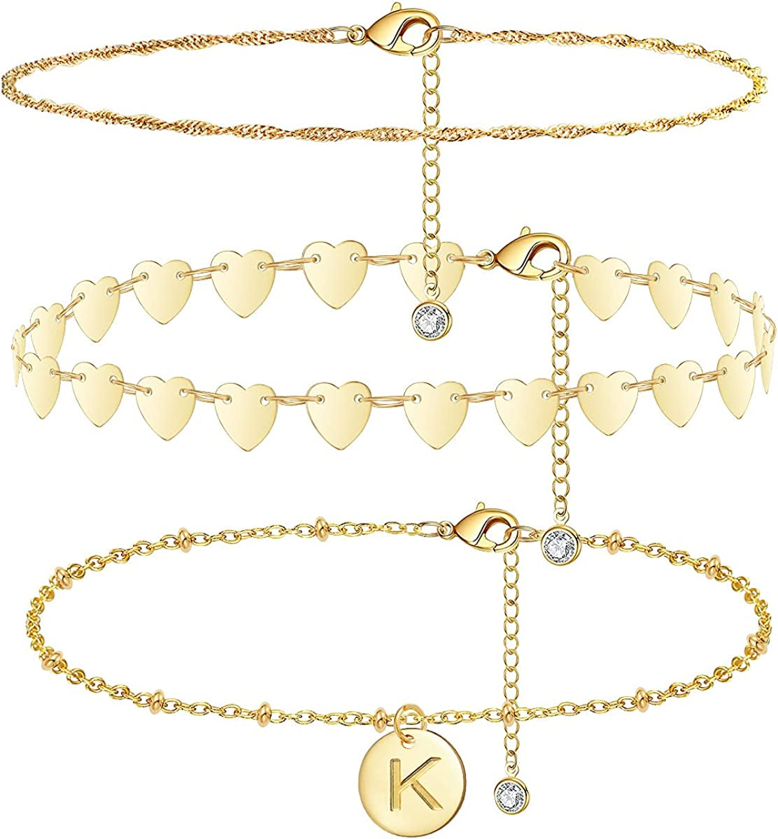 Initial Gold Ankle Bracelets for Women 14K Gold Plated Anklet Heart Chain Anklet Dainty Engraved a to Z Letter Charm Alphabet Satellite Beaded Layered Anklet Set 3Pcs Apparel & Accessories > Jewelry > Anklets Vermeyen K