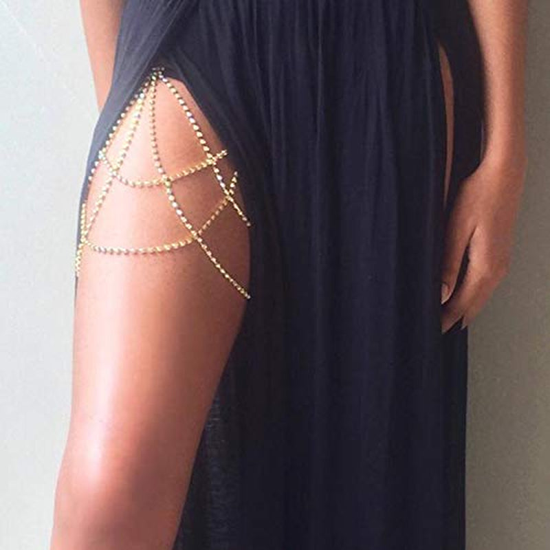 Dresbe Boho Rhinestones Leg Chain Layered Body Chains Ballerina Thigh Chain Party Bikini Body Jewelry Accessories for Women and Girls (Gold) Apparel & Accessories > Jewelry > Body Jewelry Dresbe