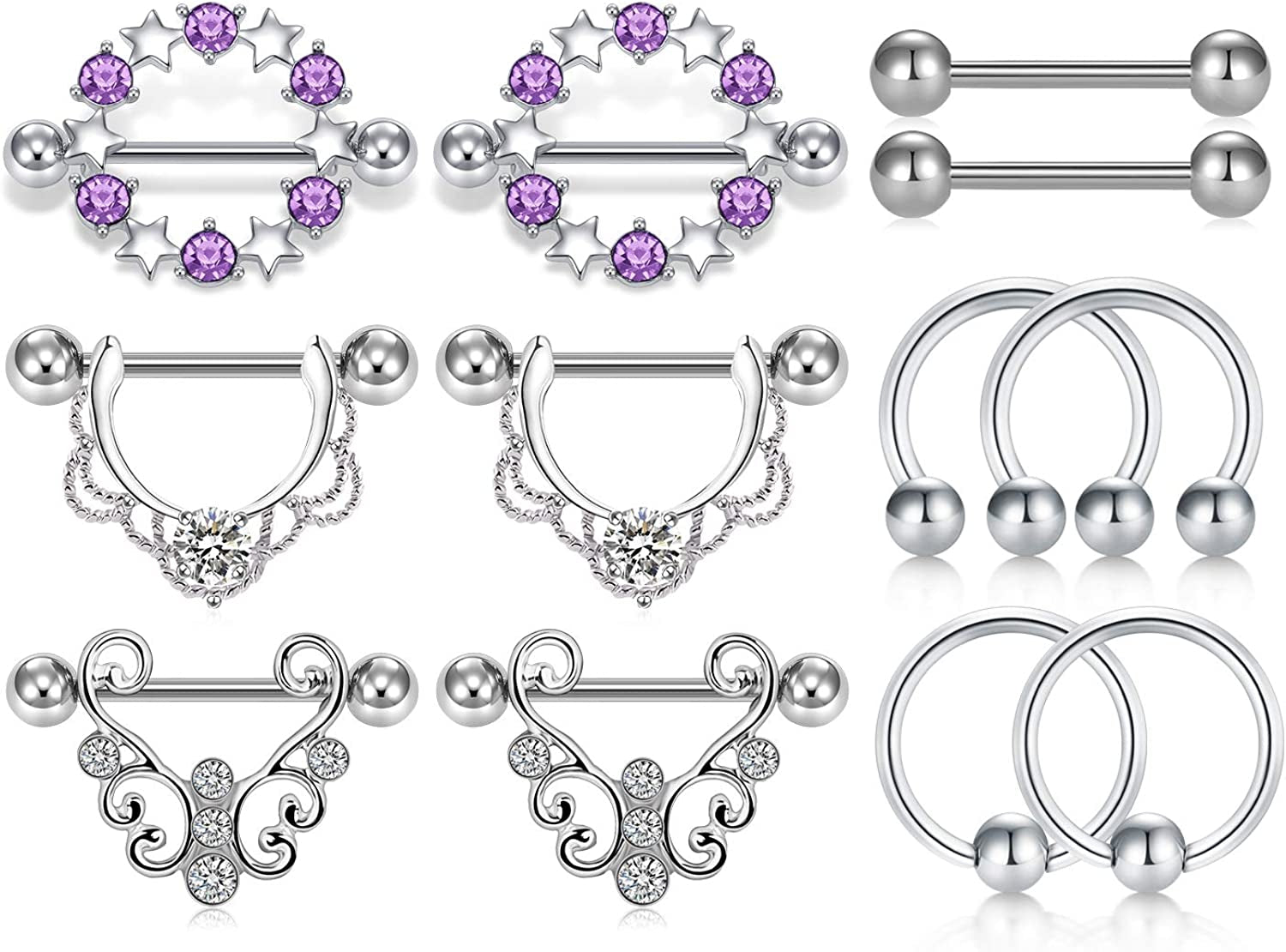 LAURITAMI Nipple Rings for Women Nipple Piercing Jewelry 14G Nipple Rings Surgical Steel Nipple Jewelry Straight Barbell Tongue Rings for Women CZ Nipplering Piercing Jewelry Set Apparel & Accessories > Jewelry > Body Jewelry LAURITAMI C2 -silver