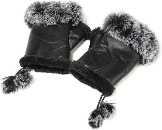 Winter Fingerless Gloves Cute Typing Gloves Fuzzy Furry Leather Mittens Faux Fur Lined Gloves Warm Hands Warmer Gloves Women Apparel & Accessories > Clothing Accessories > Gloves & Mittens Fur Story Black