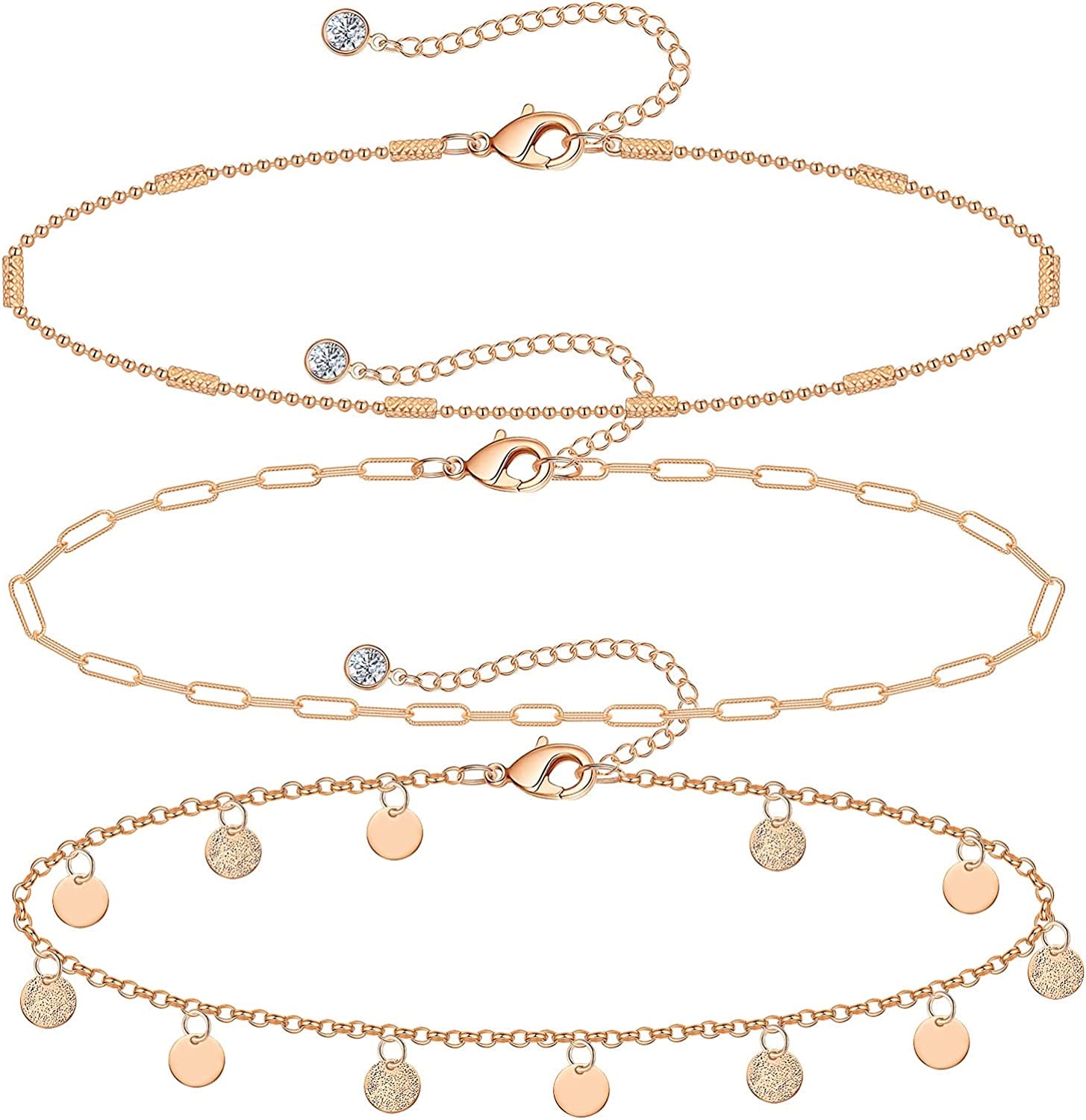 Gold Ankle Bracelets for Women 14K Gold Plated Anklet Silver Tennis Rose Quartz Cross Bead Herringbone Snake Paperclip Chain Cubic Zirconia Dainty Layered Anklet Set 3Pcs Apparel & Accessories > Jewelry > Anklets WeSparking R-Rose Gold-Coin Chain