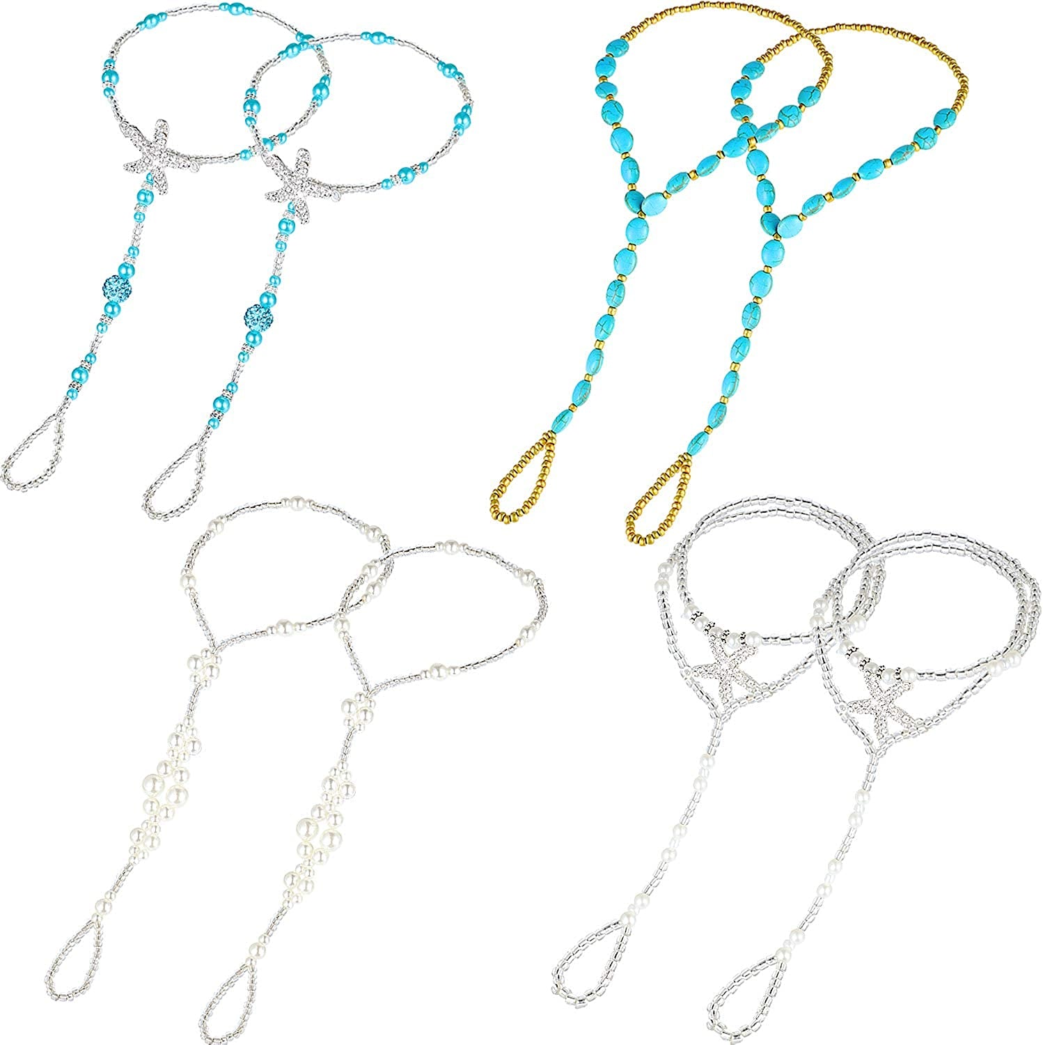 Beach Barefoot Sandals Bohemia Anklet Sandals Starfish Ankle Chain Beaded Elastic Foot Jewelry for Women Lady (Style Set 2) Apparel & Accessories > Jewelry > Anklets Yaomiao