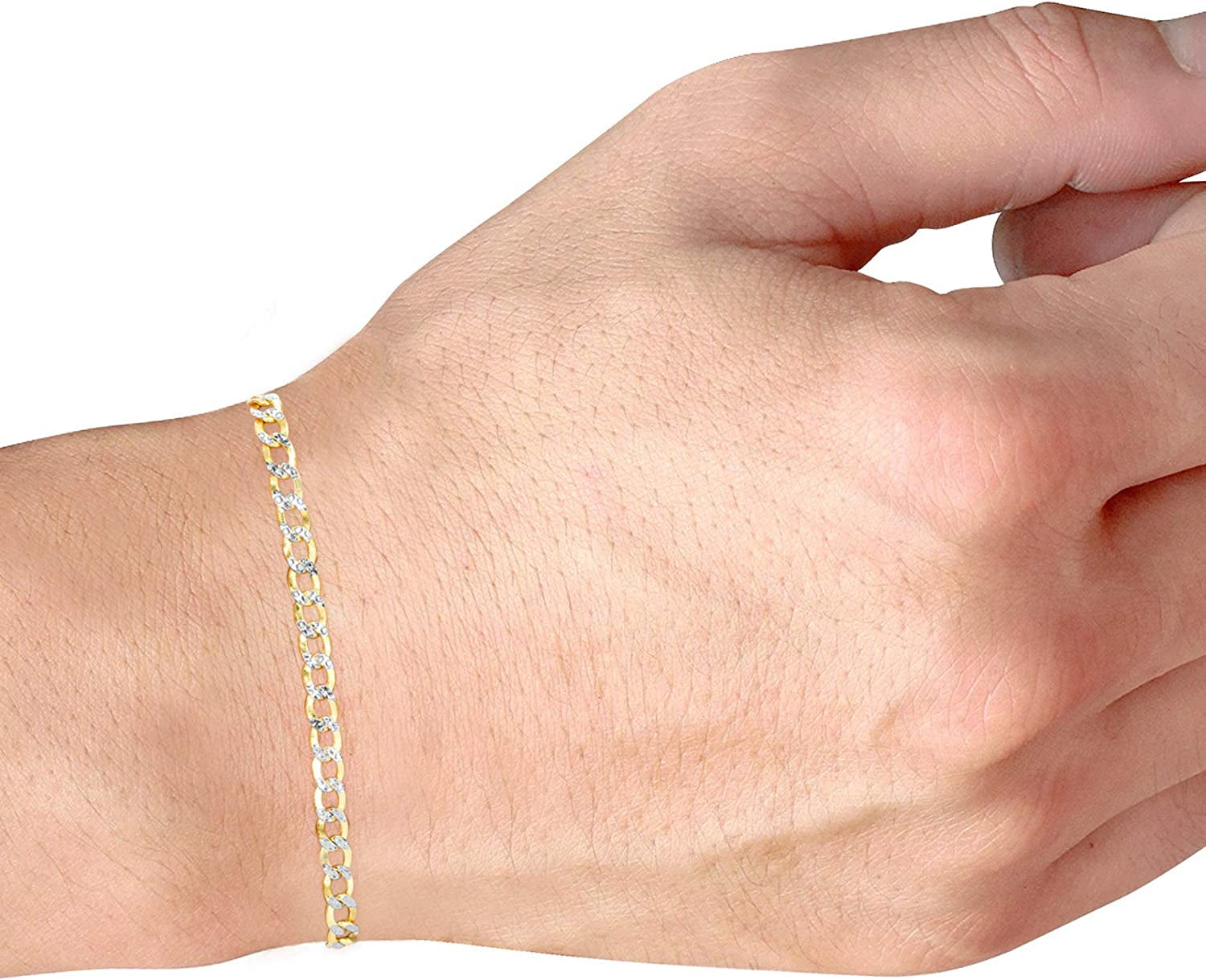 Nuragold 10K Yellow Gold 3.5Mm Cuban Chain Curb Link Diamond Cut Pave Two Tone Bracelet or Anklet, Womens Mens Lobster Clasp 7" 7.5" 8" 8.5" 9" Apparel & Accessories > Jewelry > Anklets NuraGold