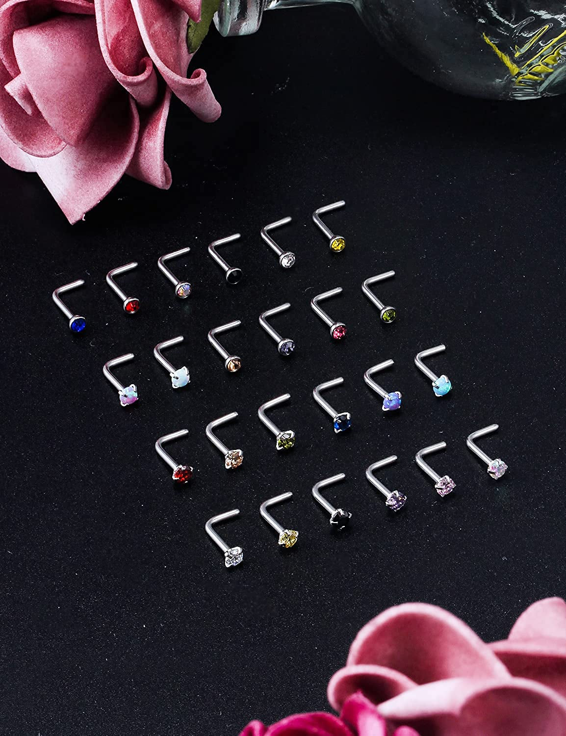 Lsnevsie 18G 20G 22G Stainless Steel Opal Nose Rings Studs for Women Men Nose Piercing Jewelry Top Diamond 1.5Mm 2Mm 2.5Mm 3Mm Apparel & Accessories > Jewelry > Body Jewelry Generic