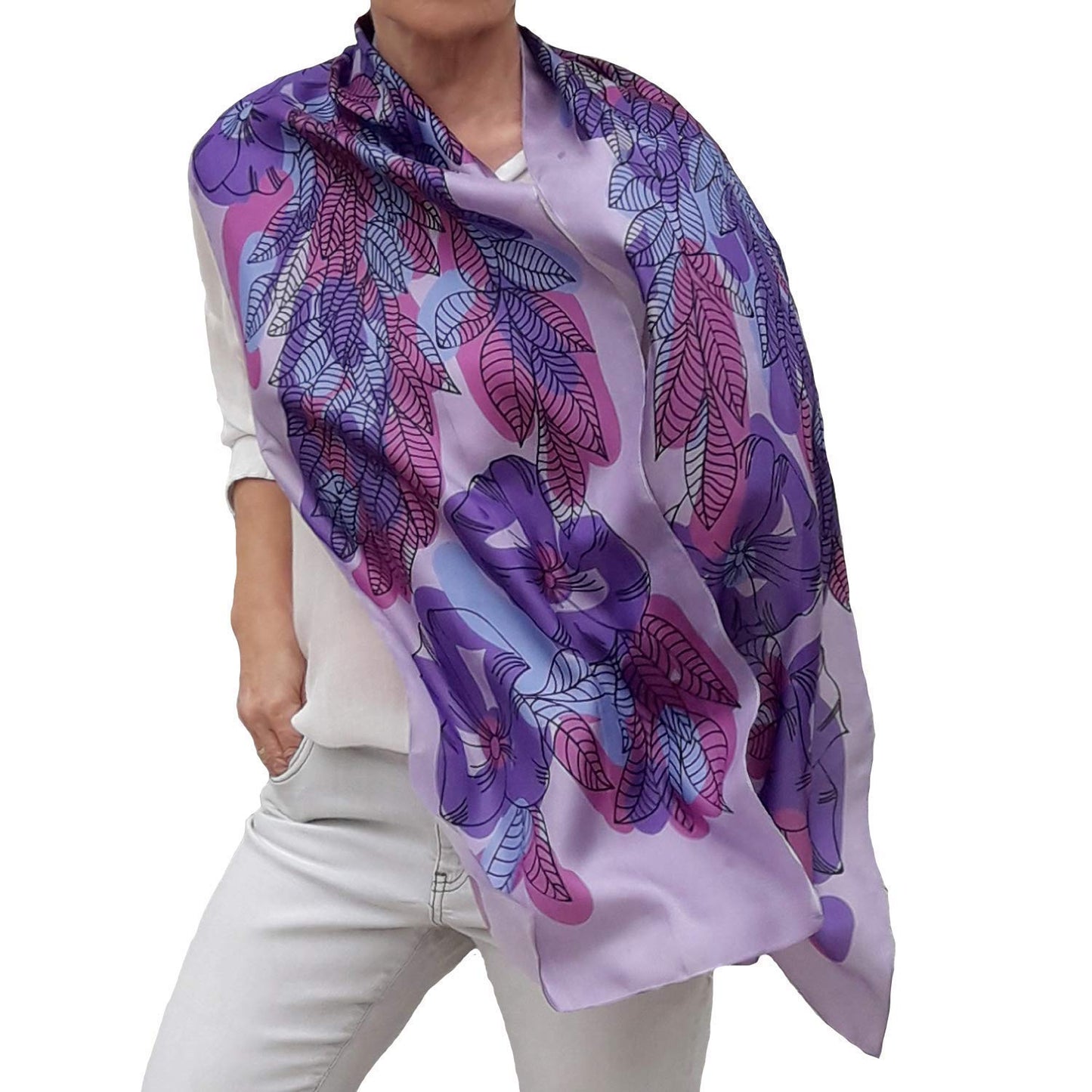 Artistic Hand Painted Long Silk Scarf for Women Fashion Boho Wrap Floral Patterns Trendy Purple Pink Neck Scarfs Unique Designer Shawl Womens Birthday Gift Mother Day Gift Handmade Gifts for Her Apparel & Accessories > Clothing Accessories > Scarves & Shawls Generic