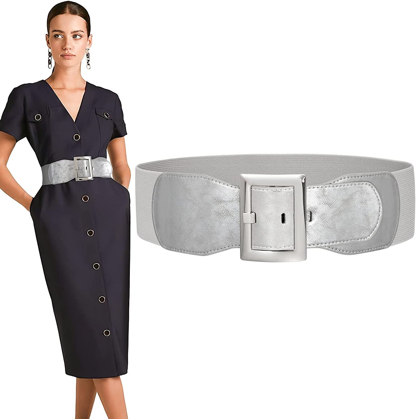 Women Wide Cinch Waist Belt Ladies Fashion Belt for Dresses with Metal Buckle Apparel & Accessories > Clothing Accessories > Belts SUOSDEY 04-silver - Silver Buckle Fit Waist 25"-29"