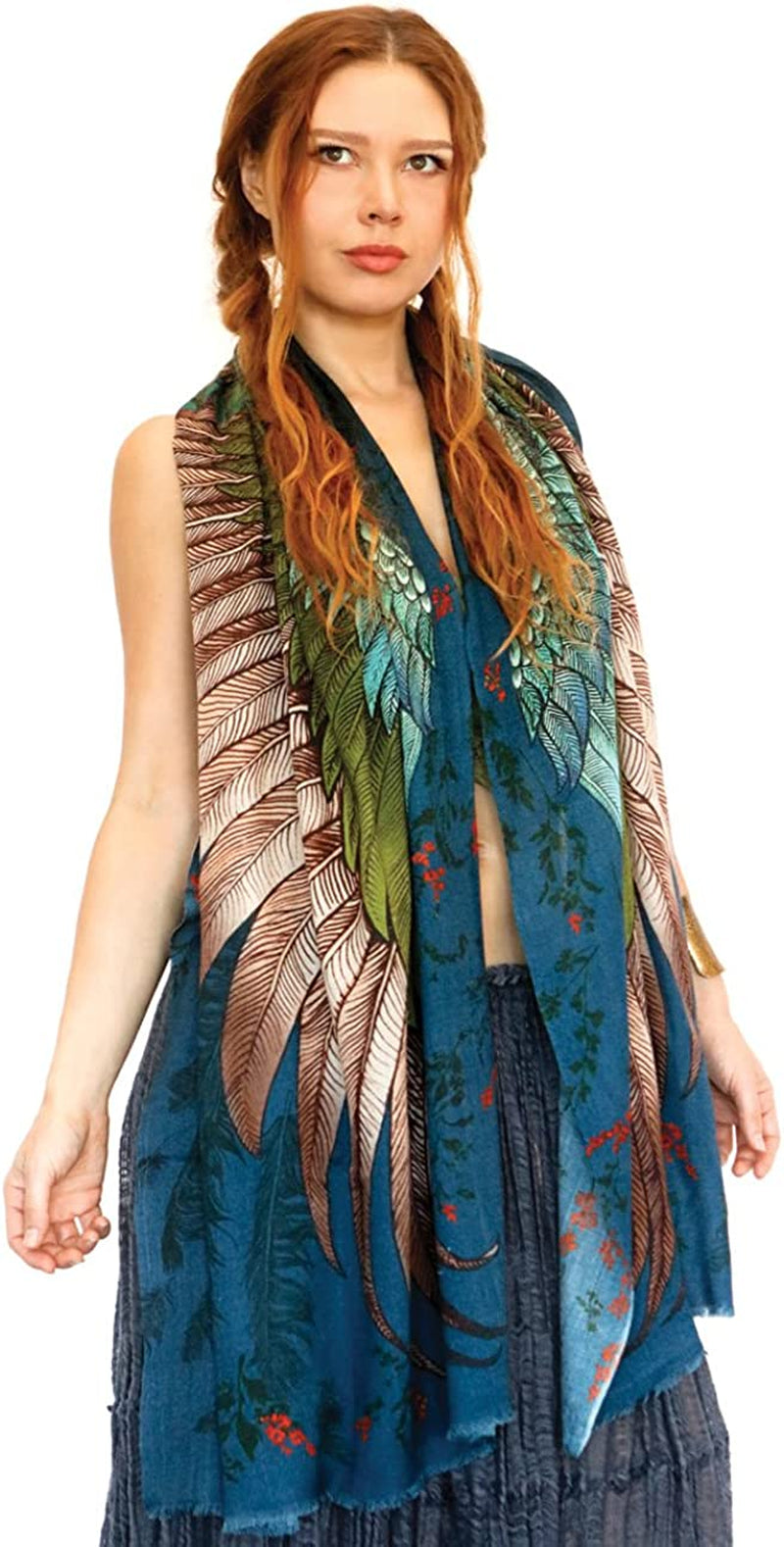 Bird Feathers Hand Painted & Printed Pure Cotton Shawl Scarf Apparel & Accessories > Clothing Accessories > Scarves & Shawls Shovava Jasper Blue