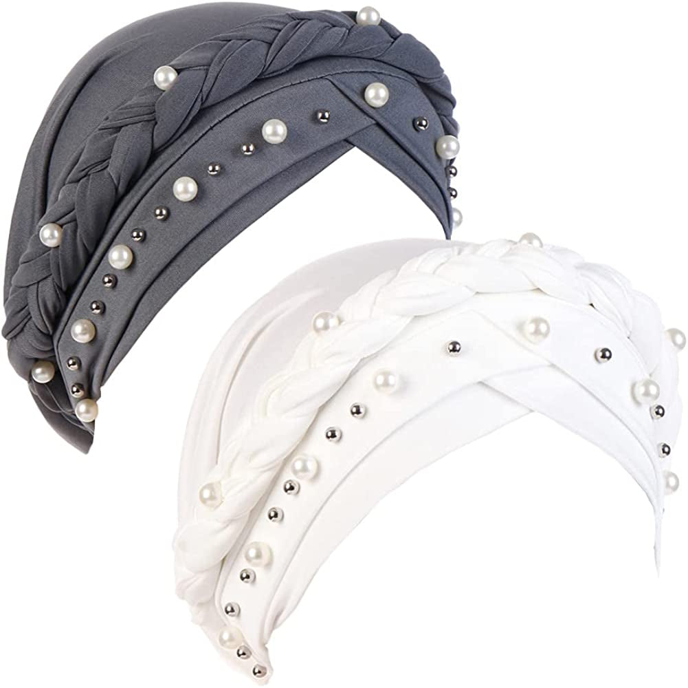 Fxhixiy Women Hijab Beading Pearl Braid Turban Hat Head Scarf Cancer Chemo Beanies Bandana Headwrap Cap Apparel & Accessories > Clothing Accessories > Headwear Fxhixiy White/Gray