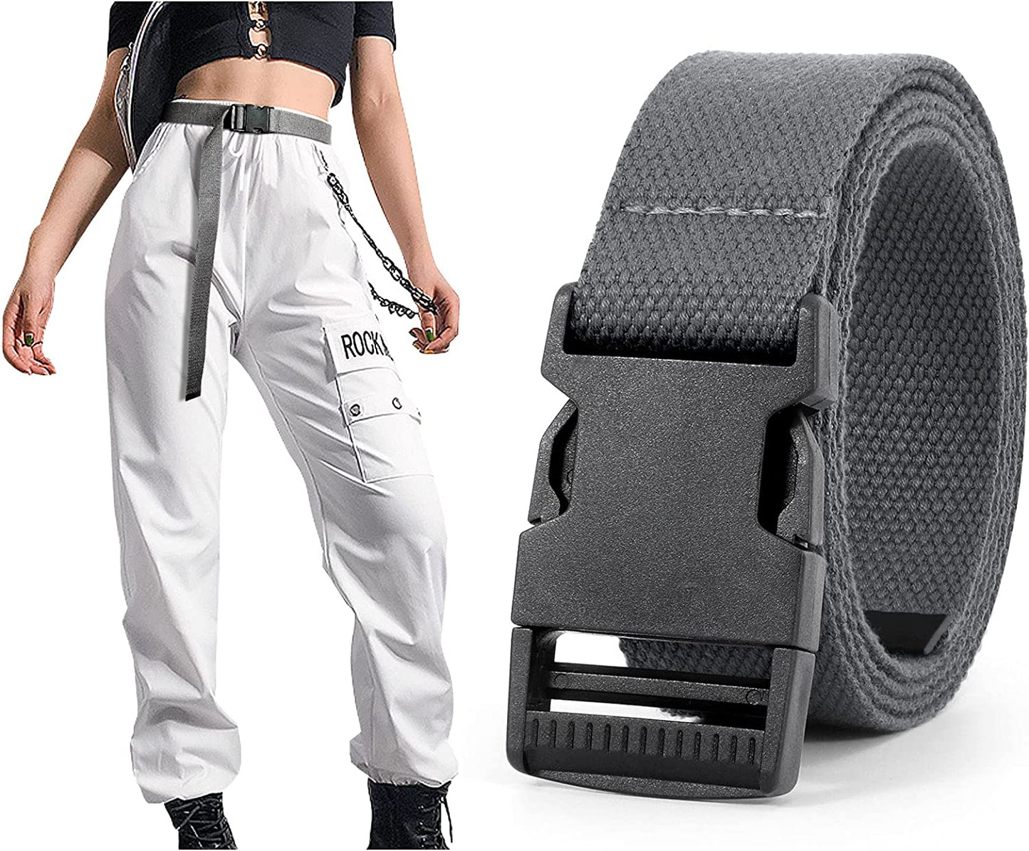 Canvas Long Belt for Women ,SANSTHS Hip Hop Streetwear Style Black Buckle Cargo Belt with Flat Plastic Buckle for Jeans Dress Apparel & Accessories > Clothing Accessories > Belts SANSTHS A-grey Fit Pants below 42"