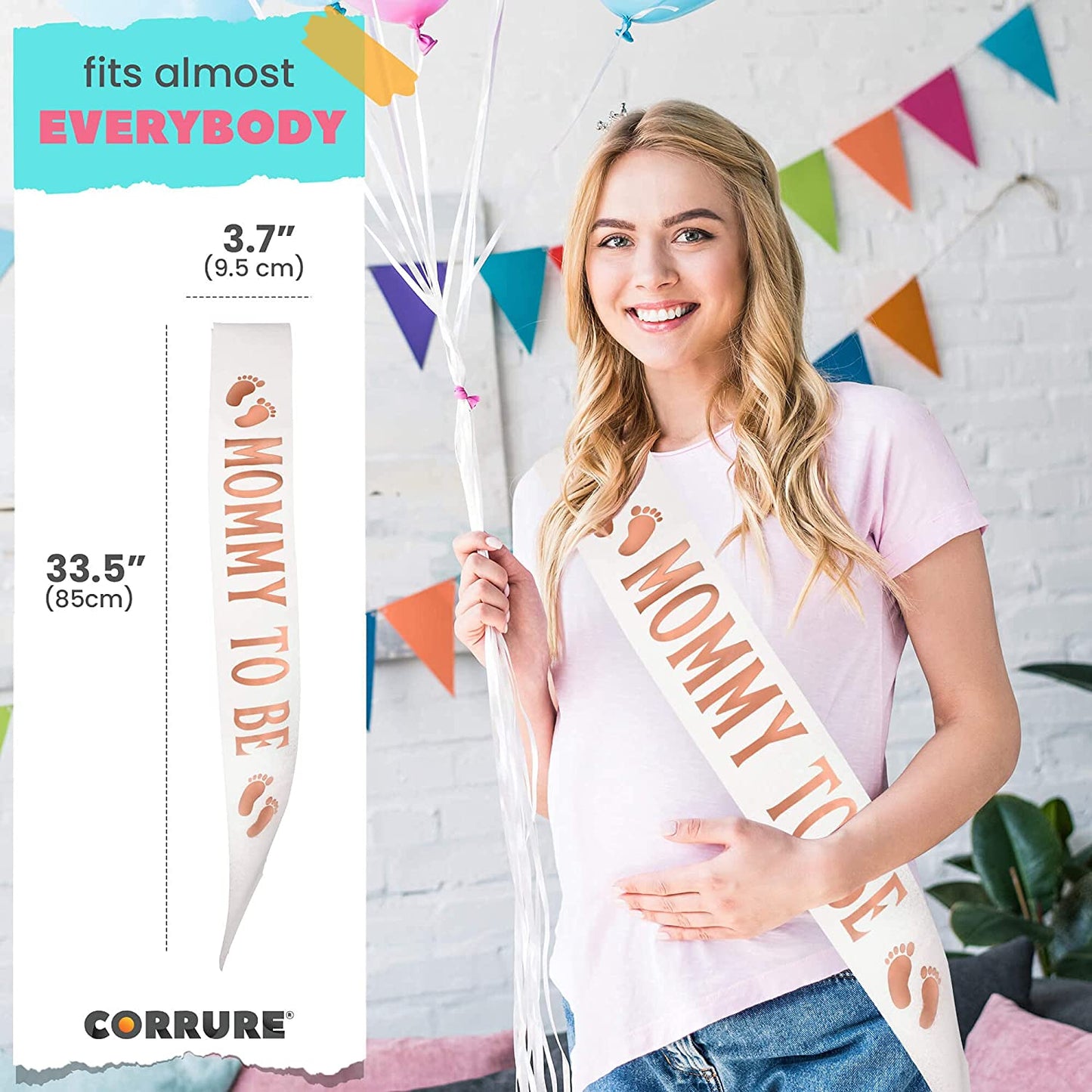 CORRURE Baby Shower Sash for Boy or Girl - 'Mommy to Be' Sash with Beautiful White Glitter Ribbon and Rose Gold Foil - Ideal Gender Reveal, Baby Shower, Welcome Baby, Mom to Be or Baby Sprinkle Gift Apparel & Accessories > Clothing Accessories > Sashes CORRURE