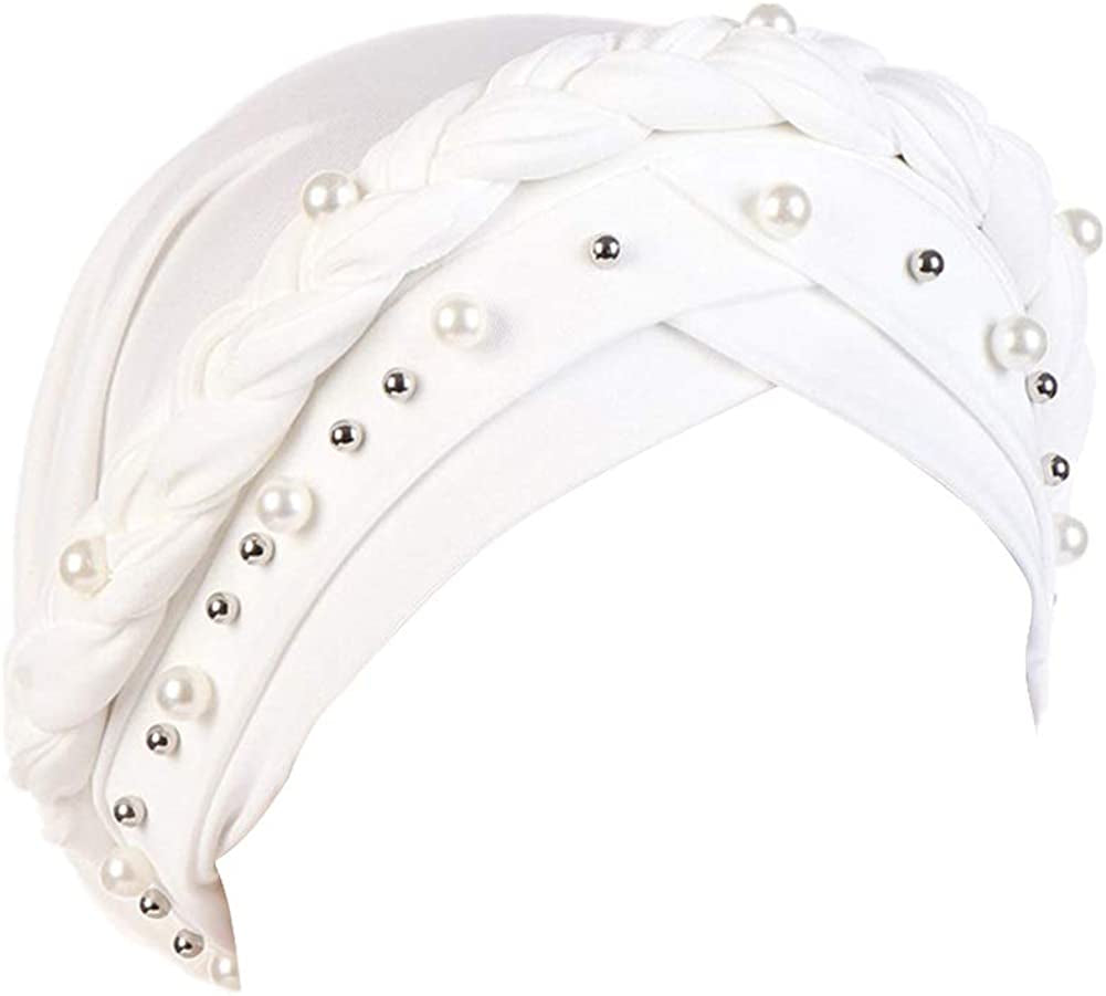 Fxhixiy Women Hijab Beading Pearl Braid Turban Hat Head Scarf Cancer Chemo Beanies Bandana Headwrap Cap Apparel & Accessories > Clothing Accessories > Headwear Fxhixiy White