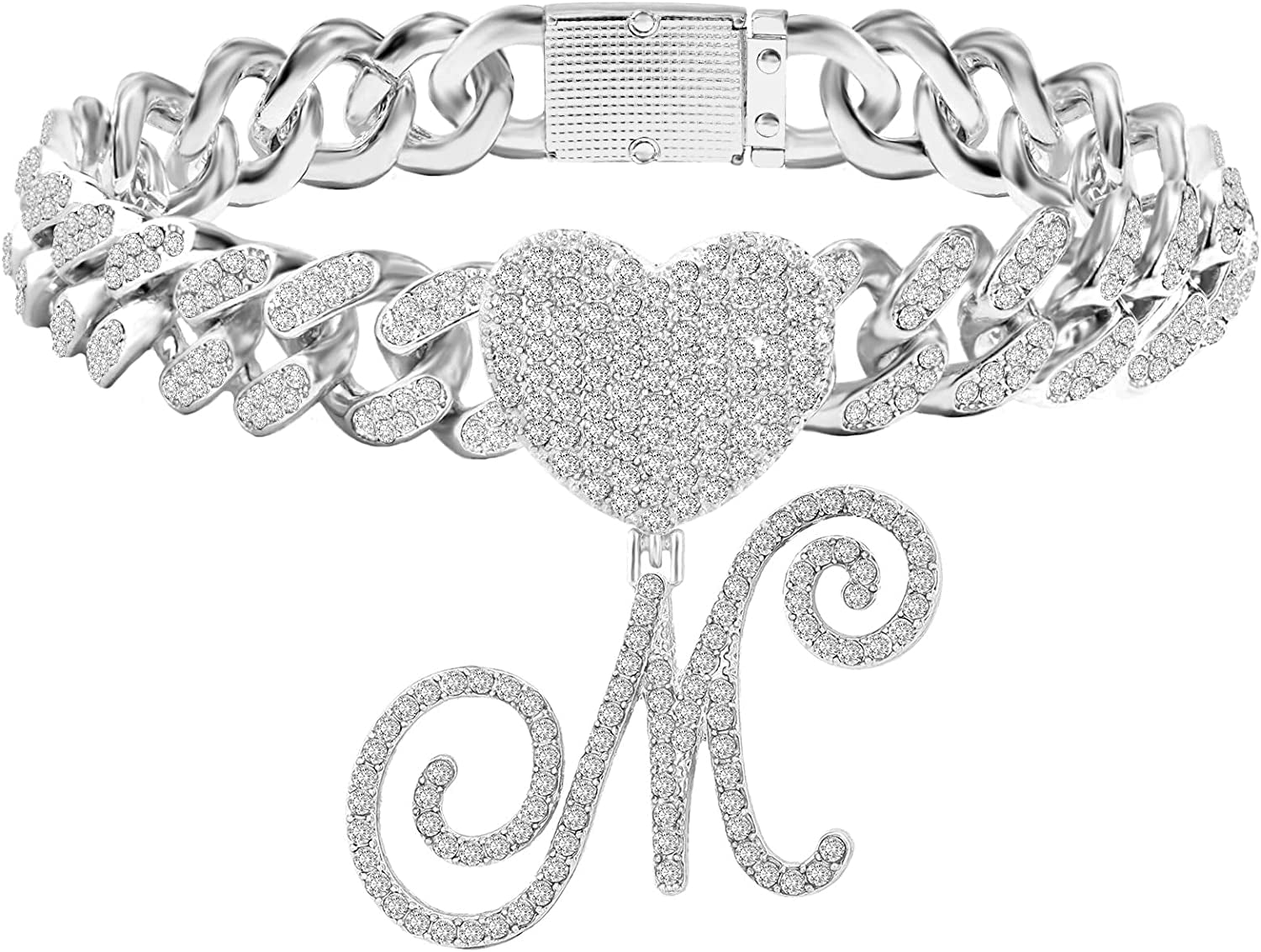 KKJTDS 13Mm Silver Cuban Link Anklets for Women Cursive Pendant Miami Cuban Link Chain Ankle Bracelets for Women Hip Hop Iced Out Letter Chain Anklet Apparel & Accessories > Jewelry > Anklets KKJTDS M