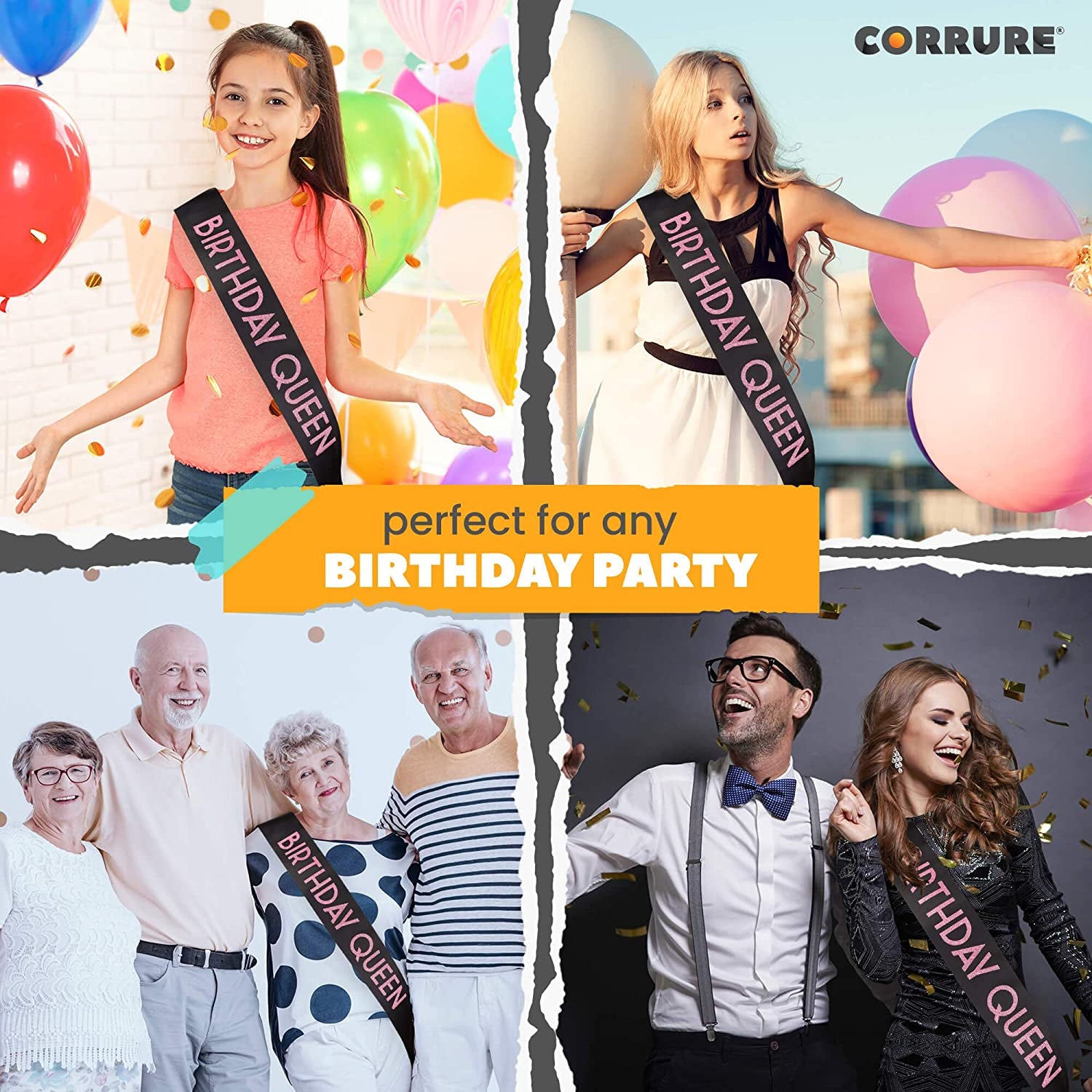 CORRURE 'Birthday Queen' Sash with Pink Glitter - Soft Satin Black Sash for Women - Happy Birthday Sash for Girls, Sweet 16, 18Th 21St 25Th 30Th 40Th 50Th or Any Other Bday Party Apparel & Accessories > Clothing Accessories > Sashes CORRURE