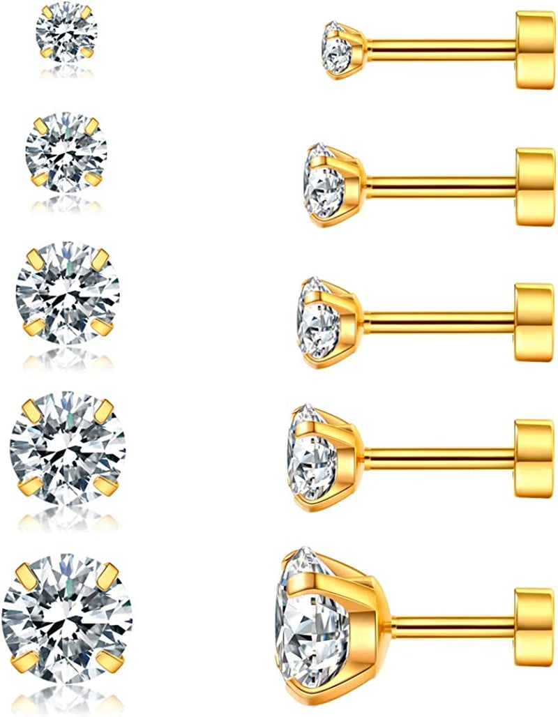 Cubic Zirconia Hypoallergenic Stud Earrings for Women Men Girls Statement Cartilage Fashion Surgical Steel Helix Earrings 5 Pairs Apparel & Accessories > Jewelry > Earrings Ayr C(Gold)