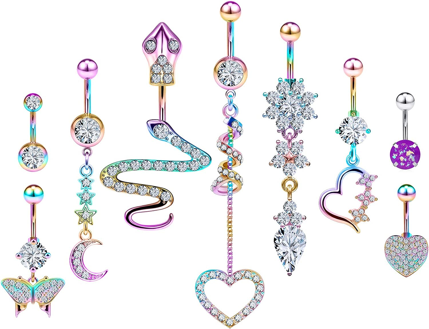 Rksndnn 14G Belly Button Rings Dangle for Women Stainless Steel Belly Rings Belly Piercing Jewelry Snake Reverse Spiral with Clear Cz Navel Rings Belly Button Ring Belly Ring Body Piercing Jewelry Apparel & Accessories > Jewelry > Rings Generic Stainless Steel,Clear,Rainbow