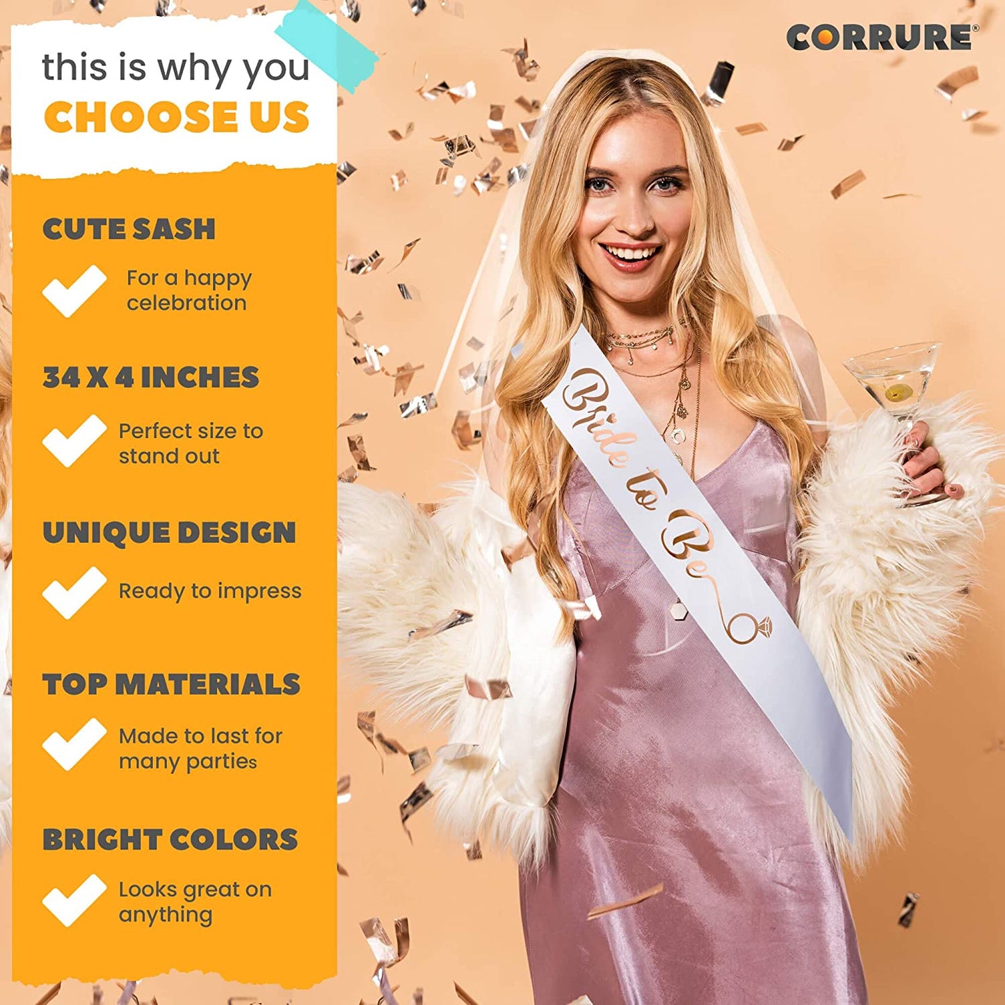 CORRURE 'Bride to Be' Bachelorette Party Sash - Bridal Shower White Satin Sash with Rose Gold Foil Lettering - Hen Party Decorations Supplies Accessories, Wedding Engagement Party Favors Gift Apparel & Accessories > Clothing Accessories > Sashes CORRURE