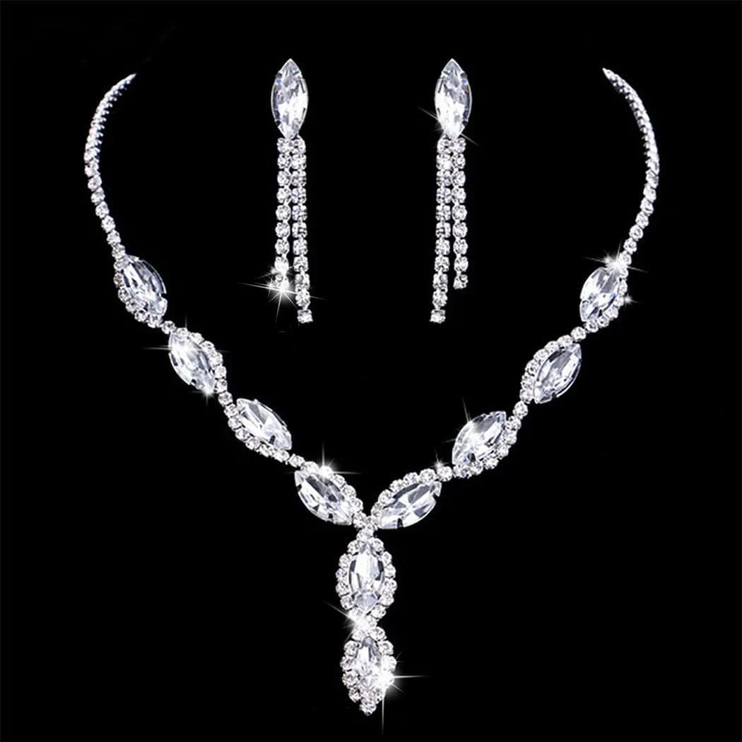 Earent Bridal Rhinestone Jewelry Set Bride Wedding Necklace Earrings Sets Crystal Choker Necklaces Tassel Dangle Earring Costume Prom Jewelry for Women and Girls(Set of 2) (E-Royal Blue) C-Silver
