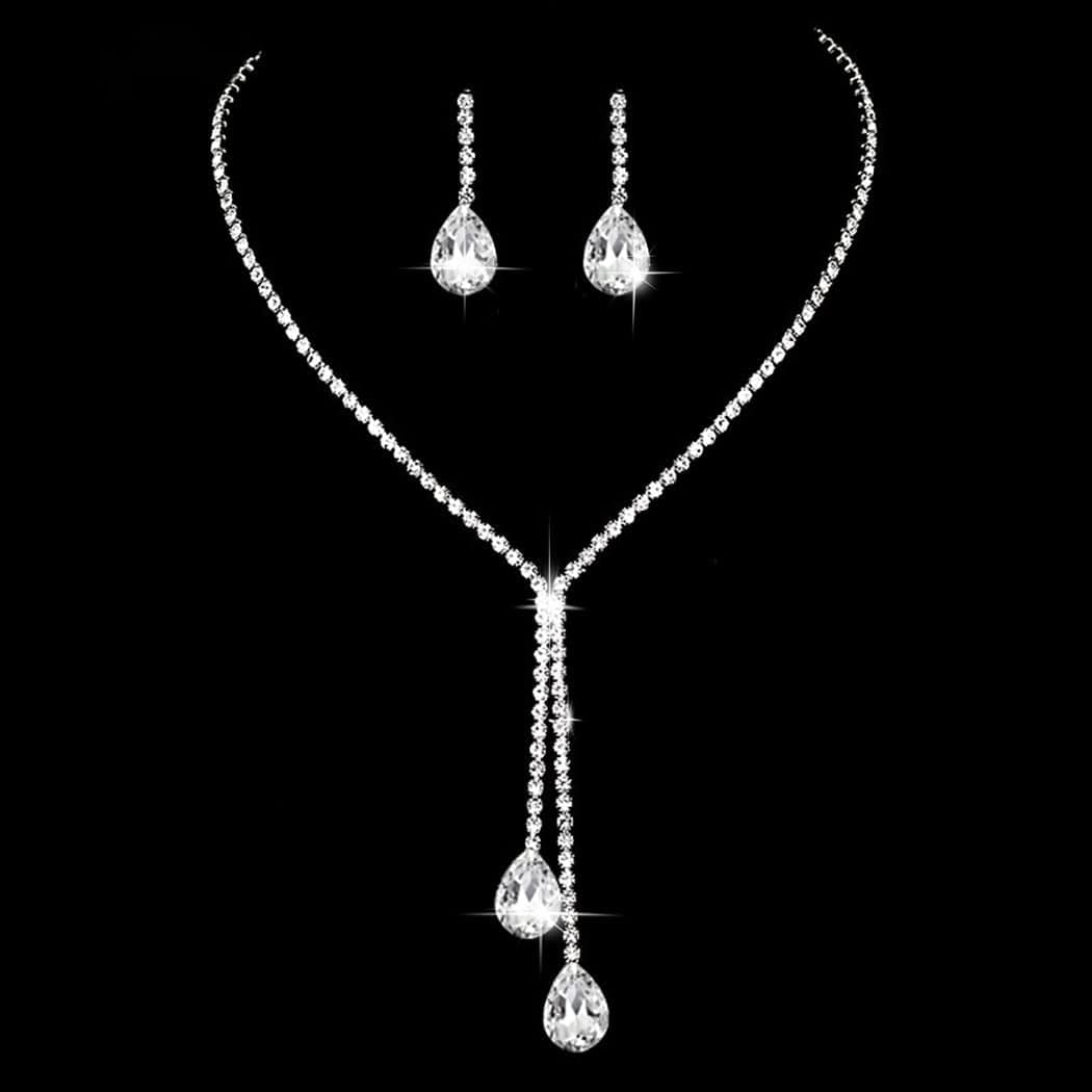 Earent Bridal Rhinestone Jewelry Set Bride Wedding Necklace Earrings Sets Crystal Choker Necklaces Tassel Dangle Earring Costume Prom Jewelry for Women and Girls(Set of 2) (E-Royal Blue) A-Silver