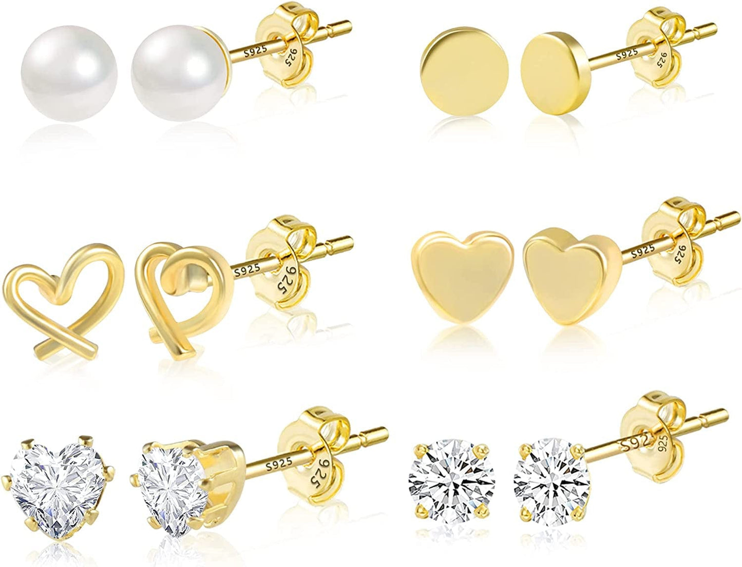 Earring Sets for Multiple Piercing | 14K Gold Plated Studs Earrings and Hoops Set Hypoallergenic Small Hoop CZ Ball Studs Earrings for Women Girls(6 Pairs) F-14K Gold