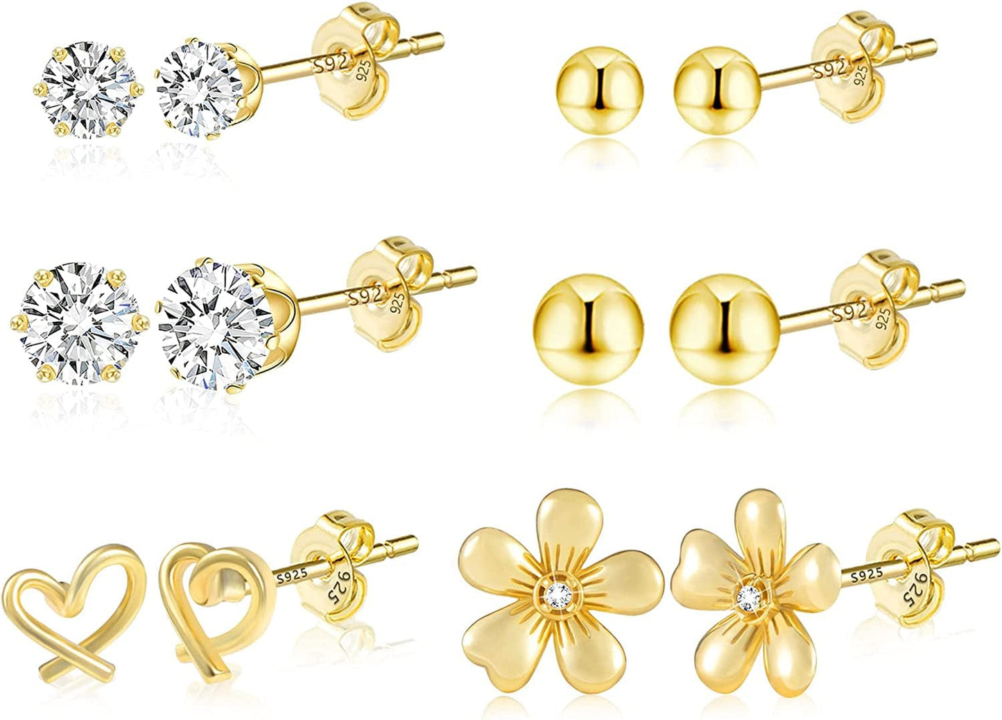 Earring Sets for Multiple Piercing | 14K Gold Plated Studs Earrings and Hoops Set Hypoallergenic Small Hoop CZ Ball Studs Earrings for Women Girls(6 Pairs) E-14K Gold