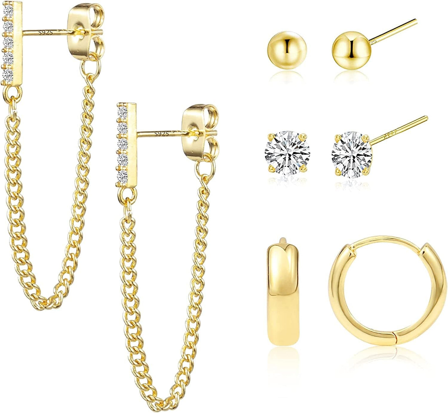 Earring Sets for Multiple Piercing | 14K Gold Plated Studs Earrings and Hoops Set Hypoallergenic Small Hoop CZ Ball Studs Earrings for Women Girls(6 Pairs) B-14K Gold