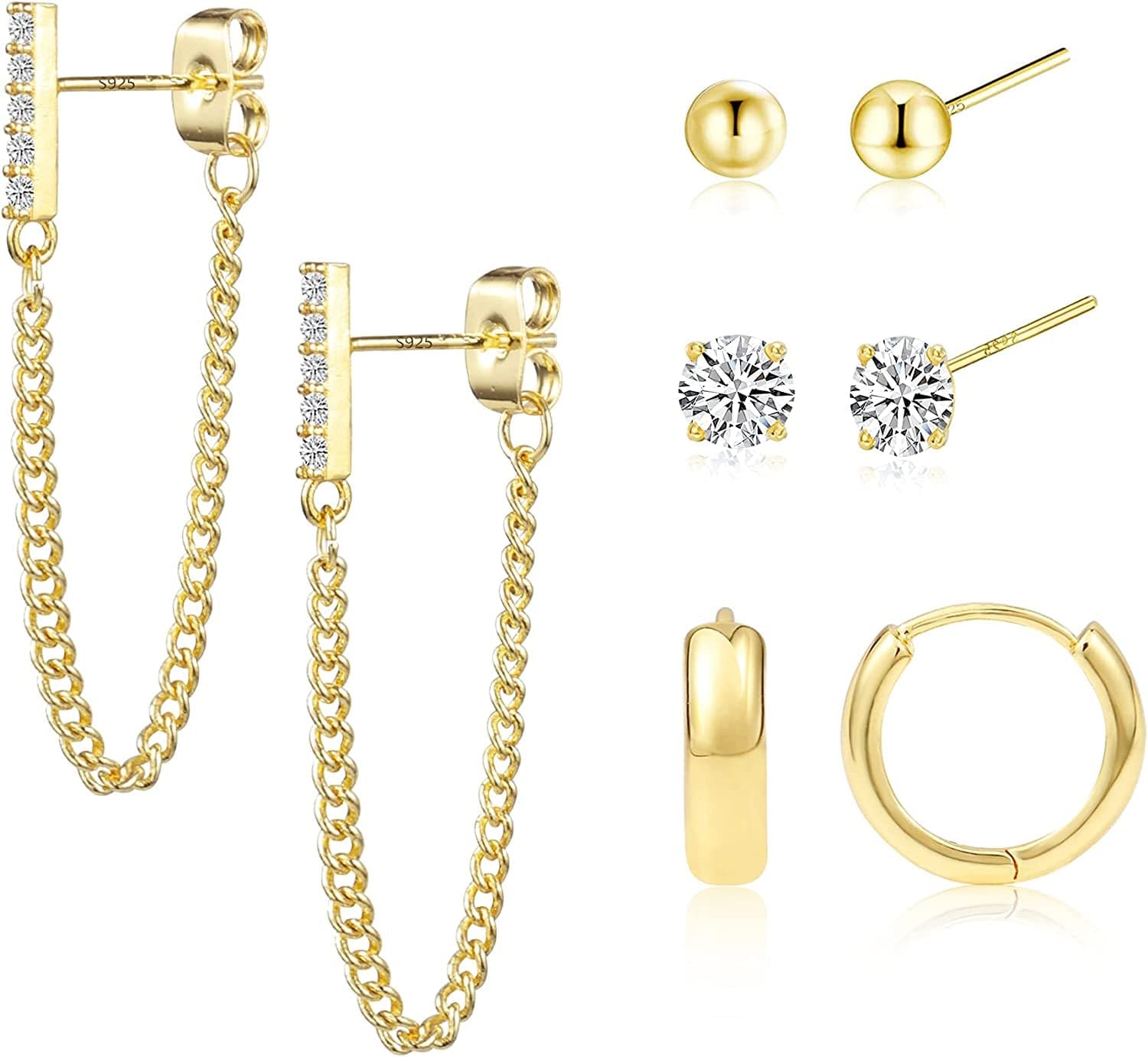 Earring Sets for Multiple Piercing | 14K Gold Plated Studs Earrings and Hoops Set Hypoallergenic Small Hoop CZ Ball Studs Earrings for Women Girls(6 Pairs) B-14K Gold