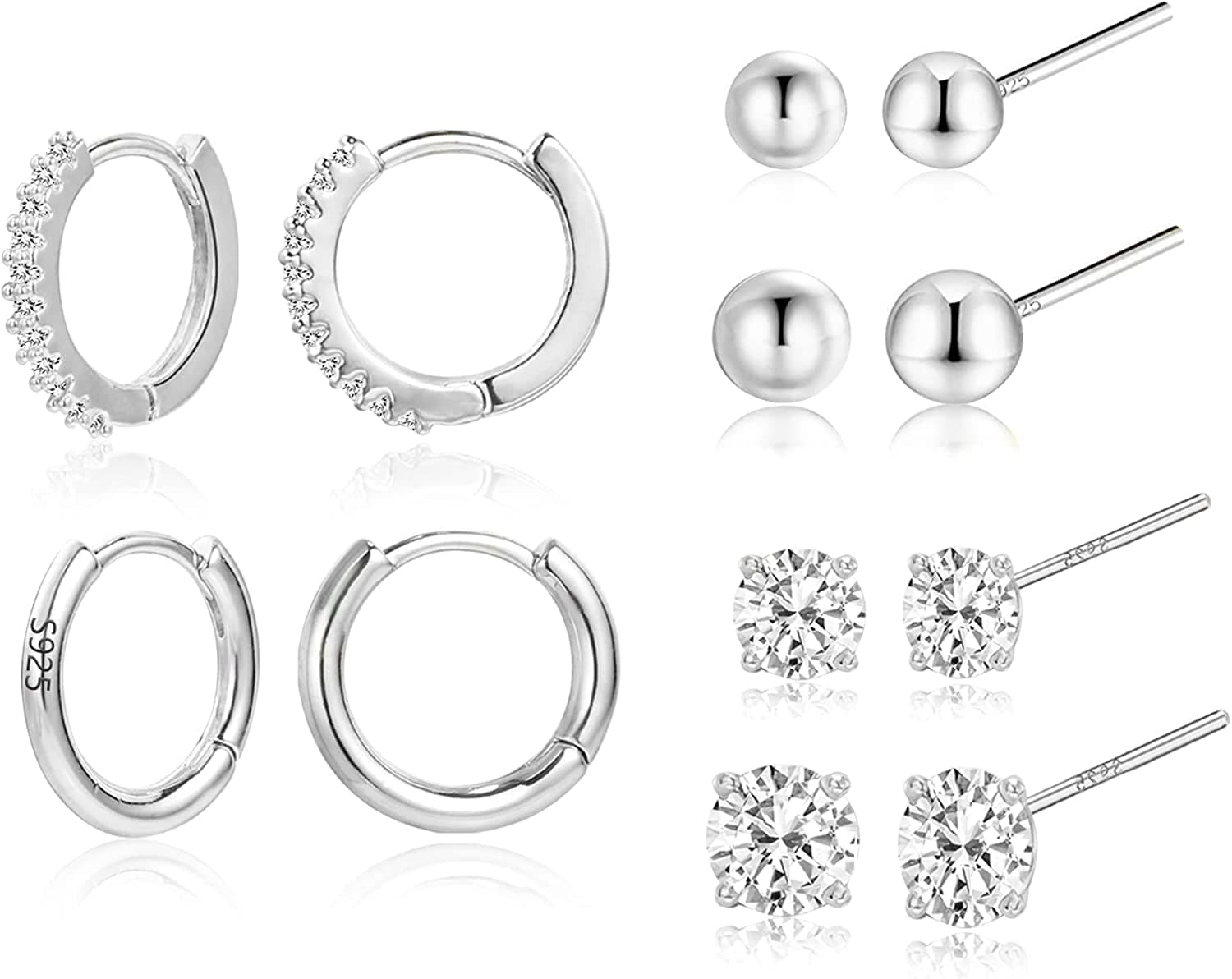 Earring Sets for Multiple Piercing | 14K Gold Plated Studs Earrings and Hoops Set Hypoallergenic Small Hoop CZ Ball Studs Earrings for Women Girls(6 Pairs) A-White Gold
