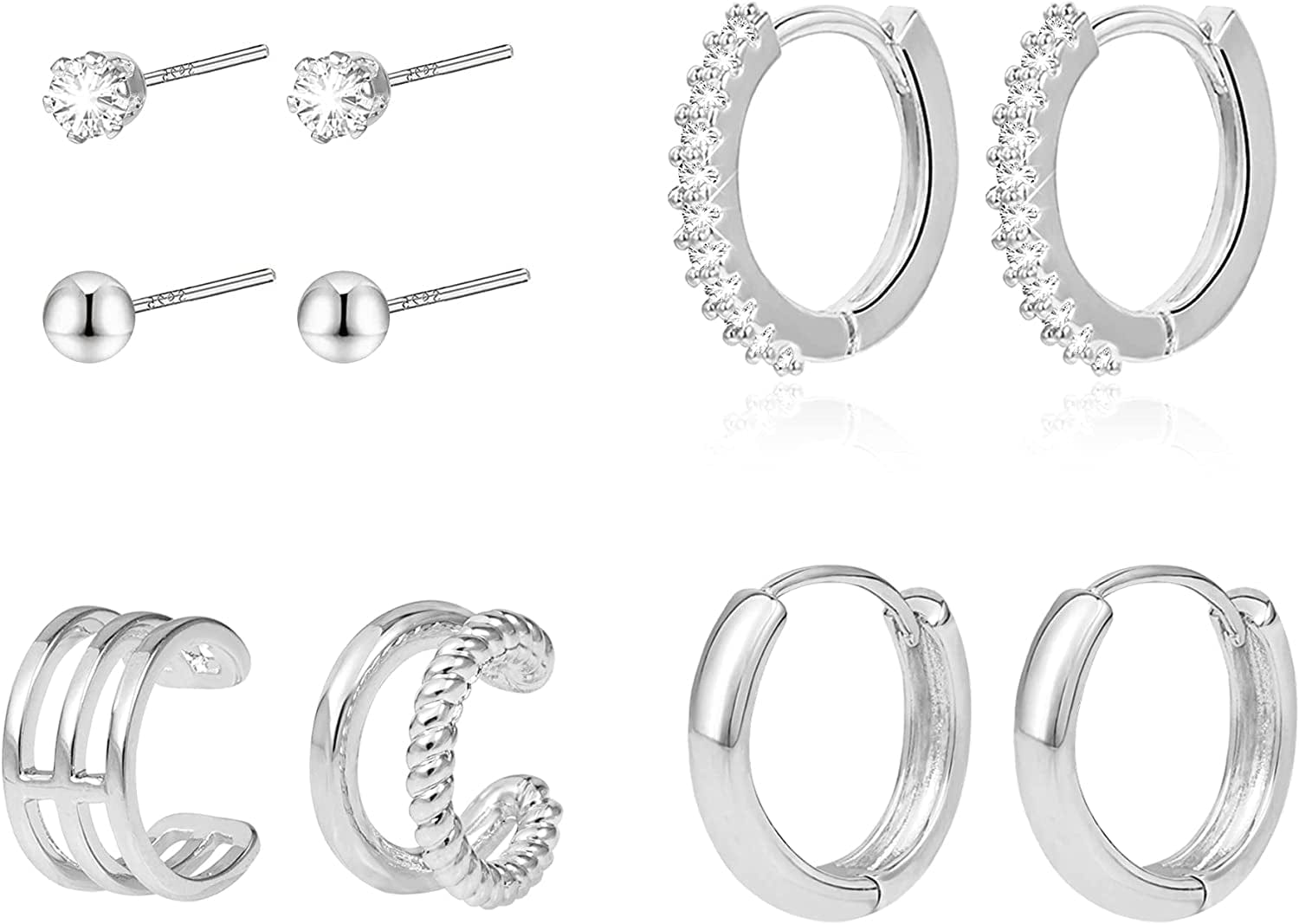 Earring Sets for Multiple Piercing | 14K Gold Plated Studs Earrings and Hoops Set Hypoallergenic Small Hoop CZ Ball Studs Earrings for Women Girls(6 Pairs) C-White Gold
