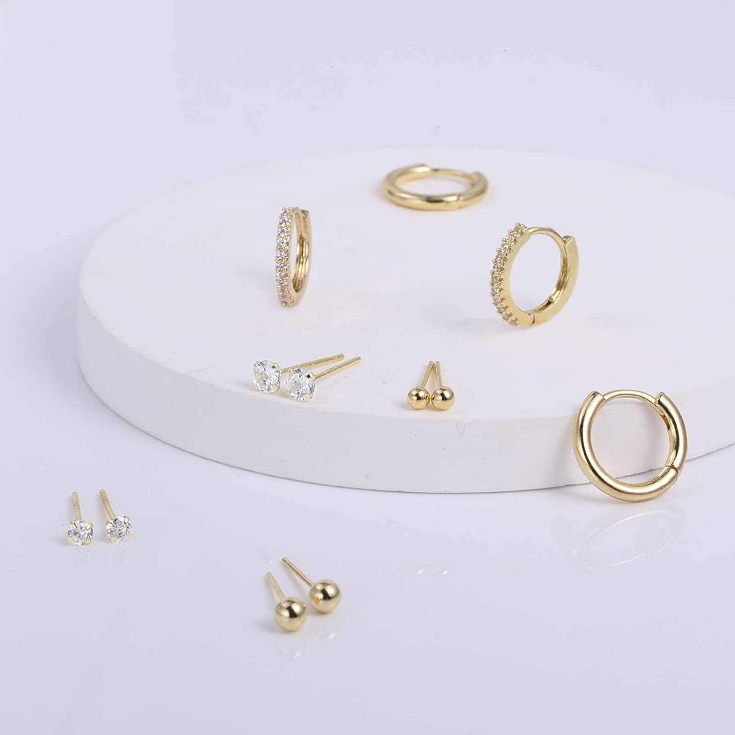 Earring Sets for Multiple Piercing | 14K Gold Plated Studs Earrings and Hoops Set Hypoallergenic Small Hoop CZ Ball Studs Earrings for Women Girls(6 Pairs)