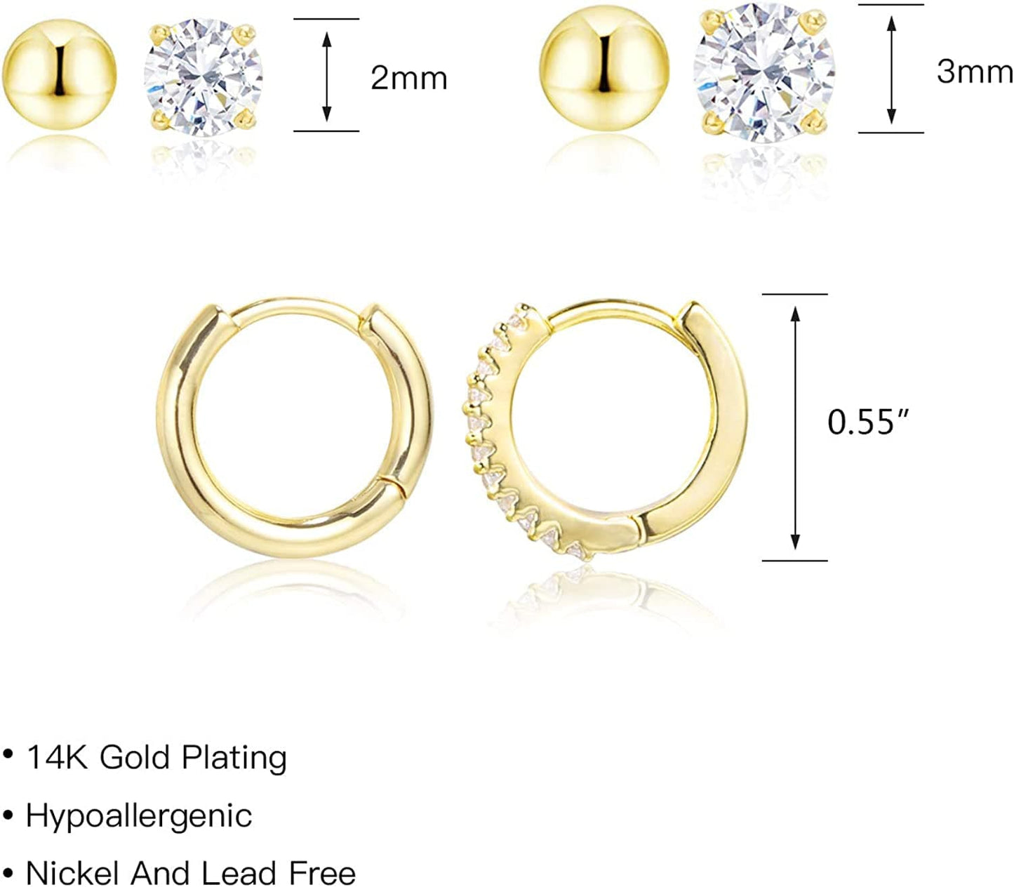 Earring Sets for Multiple Piercing | 14K Gold Plated Studs Earrings and Hoops Set Hypoallergenic Small Hoop CZ Ball Studs Earrings for Women Girls(6 Pairs)