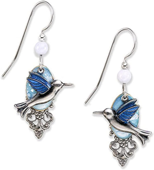 Earrings - Silver Hummingbird W/Blue Wings on Cloud