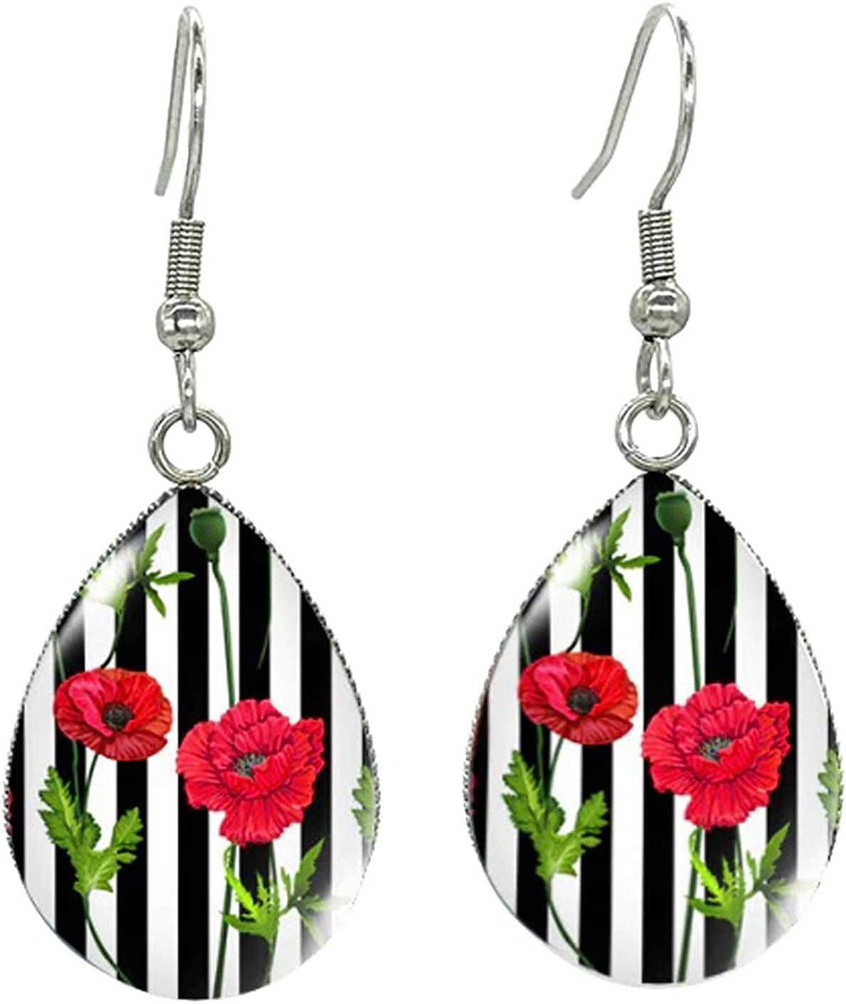 Earringtear Drop Hook Earrings Art Poppies Glass Dome Cabochon Earrings Jewelry Poppy in Stripes