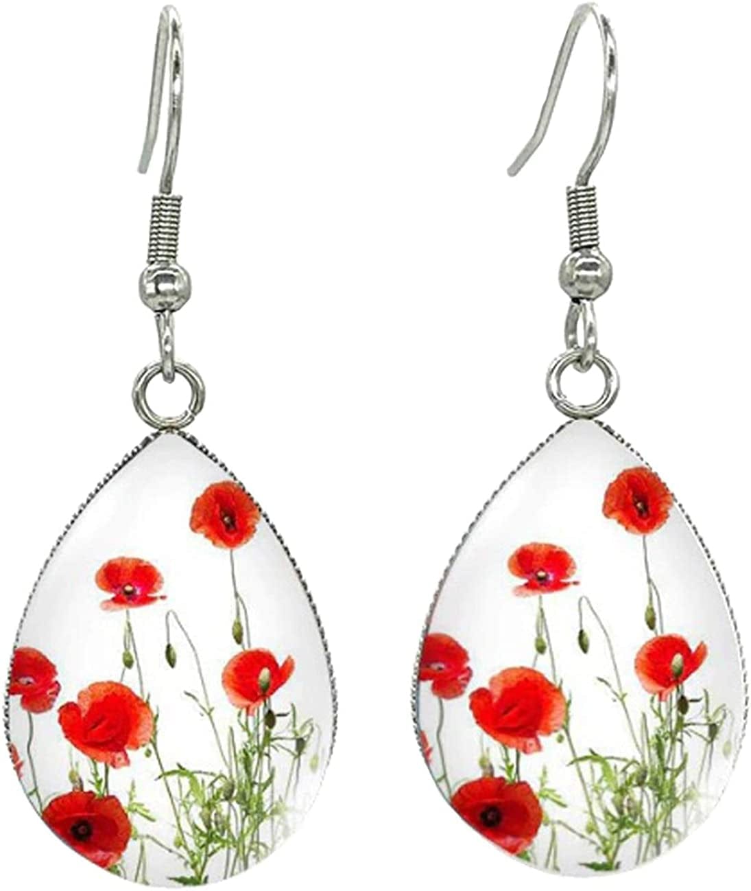 Earringtear Drop Hook Earrings Art Poppies Glass Dome Cabochon Earrings Jewelry Poppy Garden