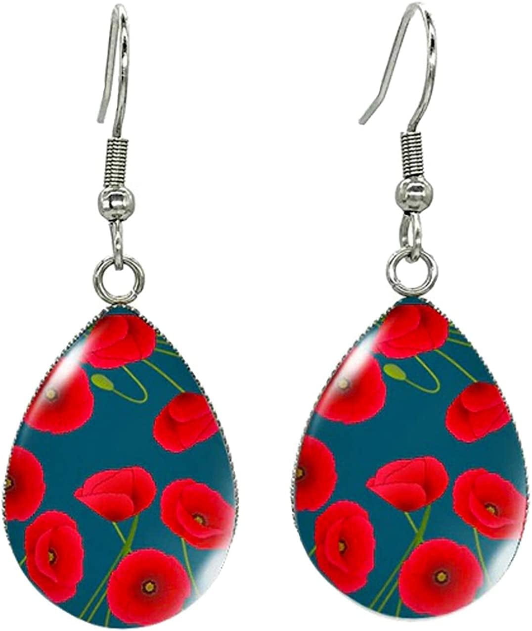 Earringtear Drop Hook Earrings Art Poppies Glass Dome Cabochon Earrings Jewelry Poppy in Blue