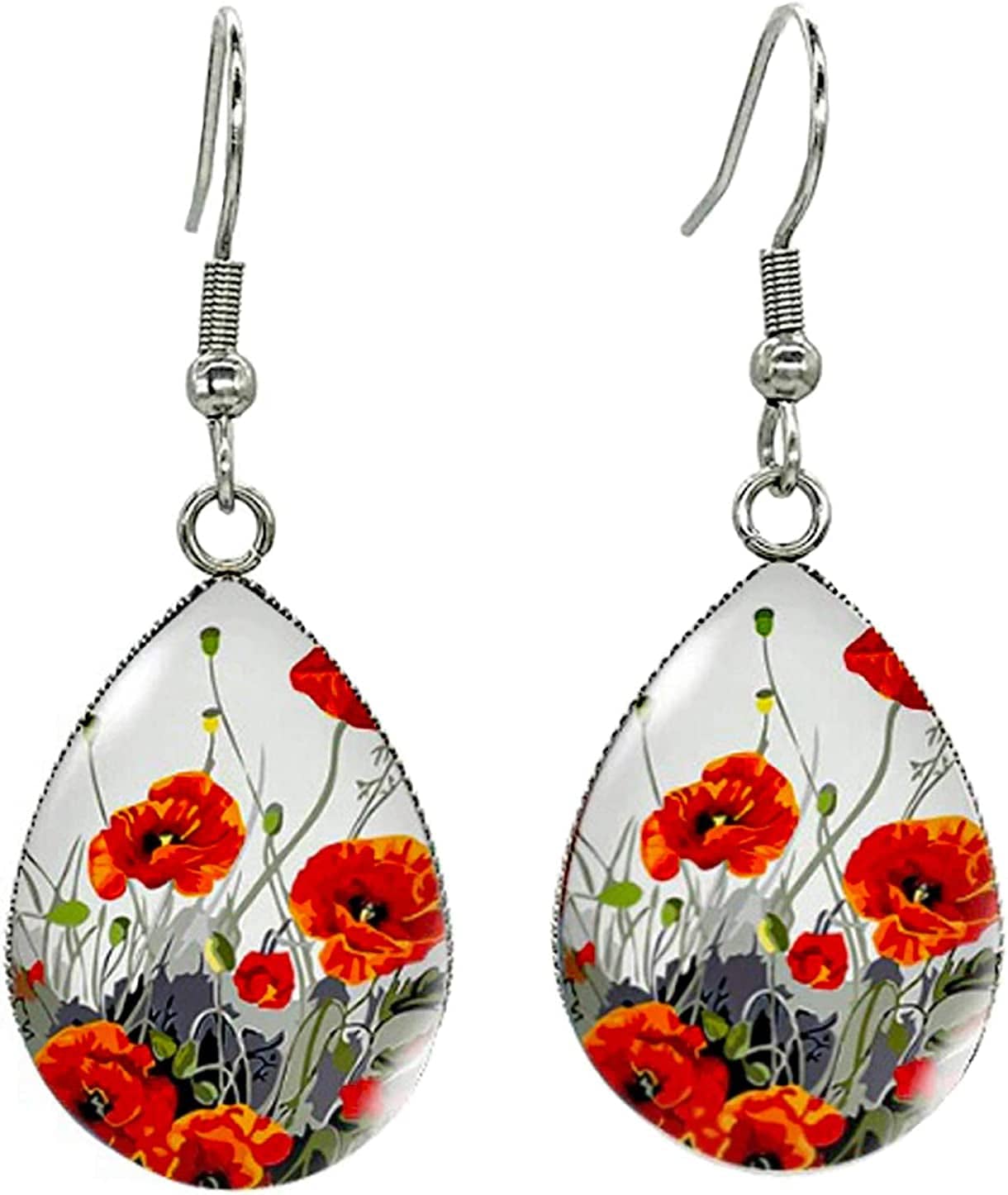 Earringtear Drop Hook Earrings Art Poppies Glass Dome Cabochon Earrings Jewelry Poppy Field