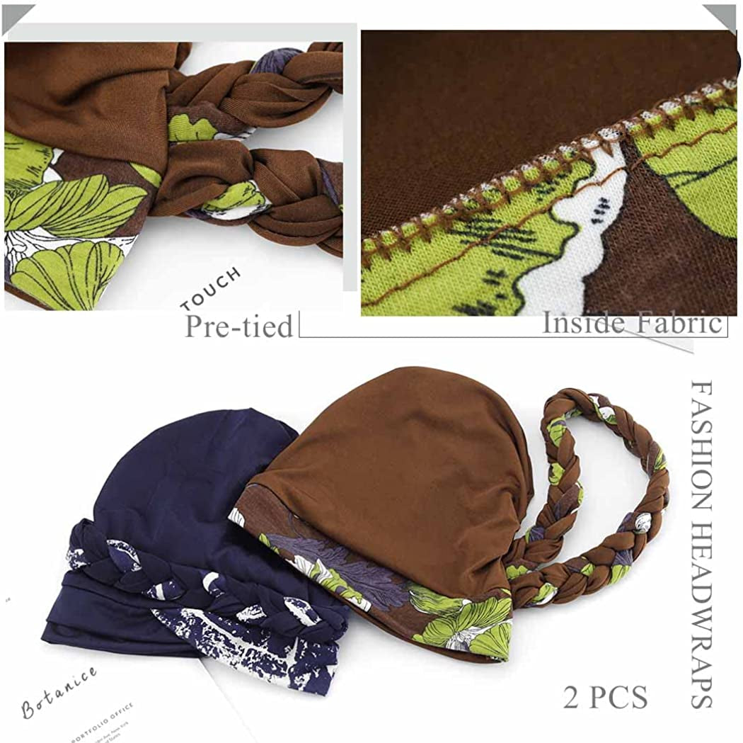 Woeoe African Turban Head Wraps Brown Pattern Head Scarf Pre-Tied Flower Print Head Cover Cap Headwear for Women and Girls(Pack of 2) Apparel & Accessories > Clothing Accessories > Headwear Woeoe