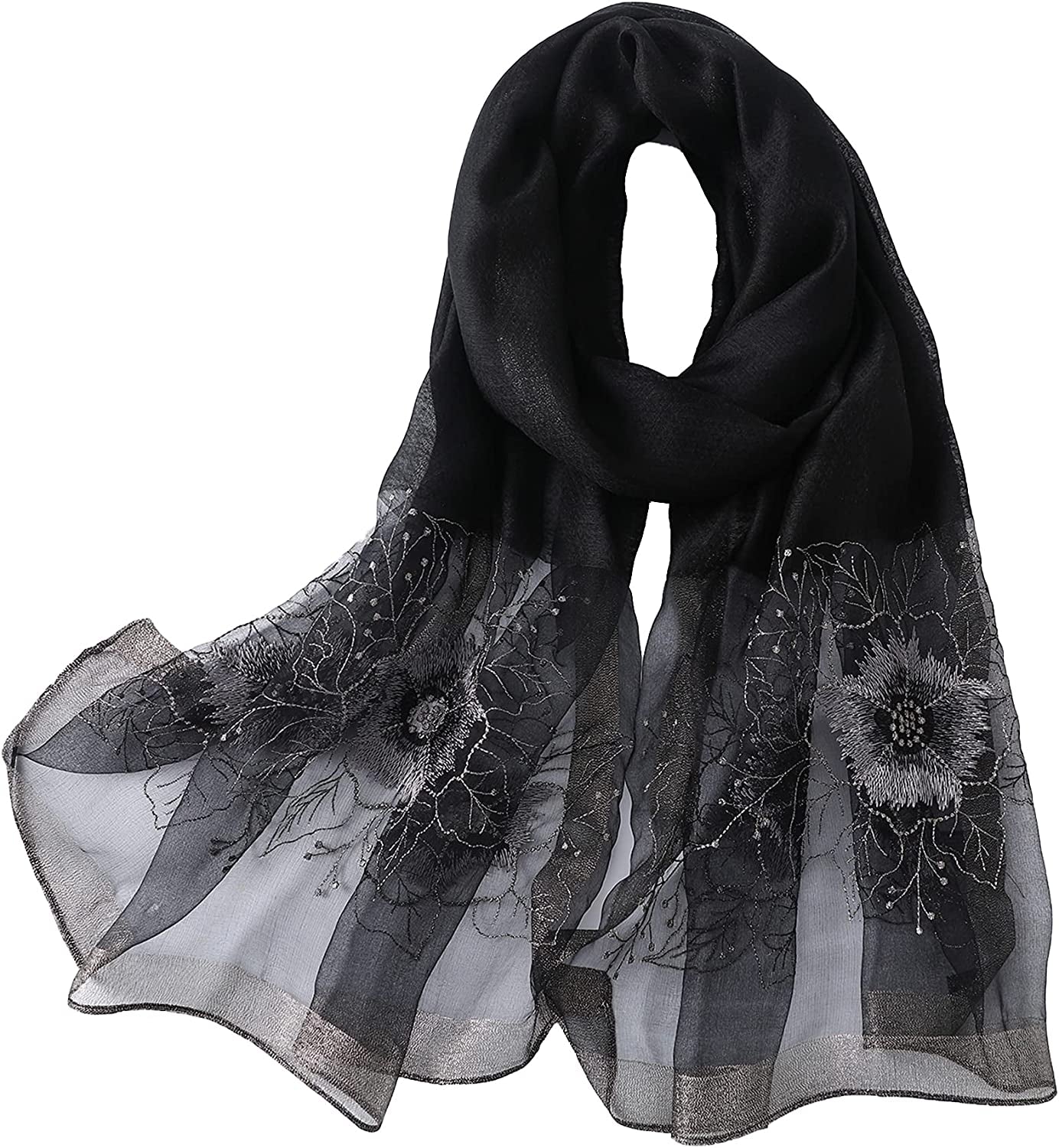 WINCESS YU Women Mulberry Silk Scarf Long & Large Embroidered Floral Pattern Shawl and Wraps Neckerchief for Hair & Neck Apparel & Accessories > Clothing Accessories > Scarves & Shawls WINCESS.YU Sunflower Black