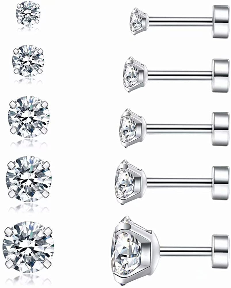 Cubic Zirconia Hypoallergenic Stud Earrings for Women Men Girls Statement Cartilage Fashion Surgical Steel Helix Earrings 5 Pairs Apparel & Accessories > Jewelry > Earrings Ayr A(Silver)