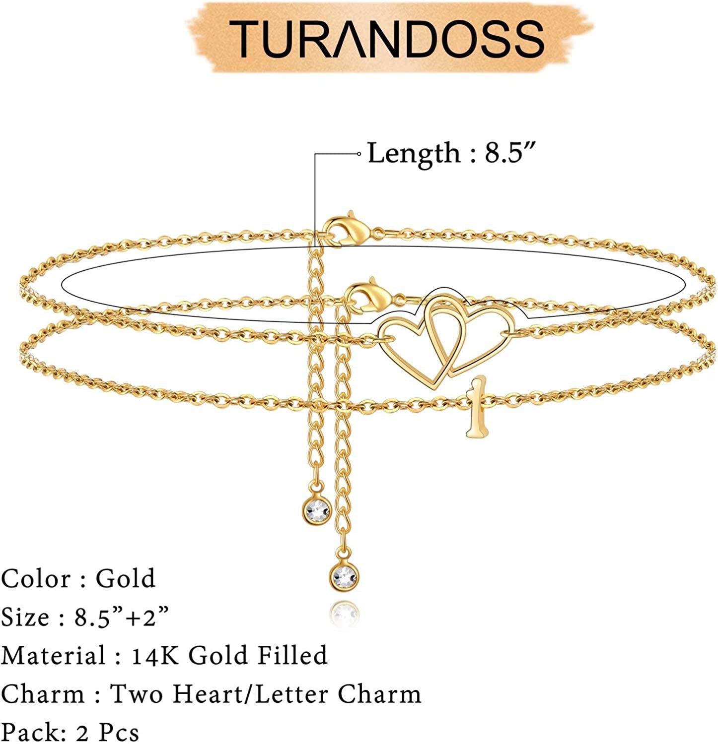Turandoss Initial Heart Ankle Bracelets for Women, 14K Gold Filled Handmade Layered Initial Anklet Letter Two Heart Ankle Bracelets for Women Girls Beach Jewelry Apparel & Accessories > Jewelry > Anklets Turandoss