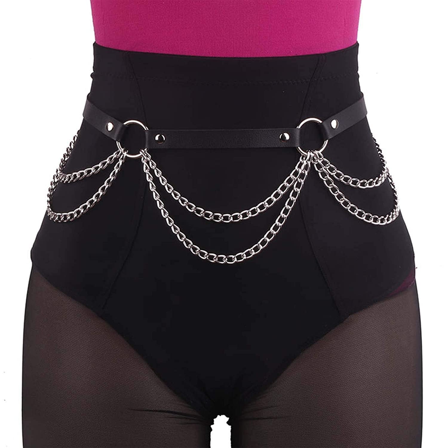 Reetan Punk Leather Body Chains Black Waist Chain Layered Nightclub Ring Belt Belly Chains Rave Party Body Jewelry Accessories for Women and Girls (A) Apparel & Accessories > Jewelry > Body Jewelry REETAN