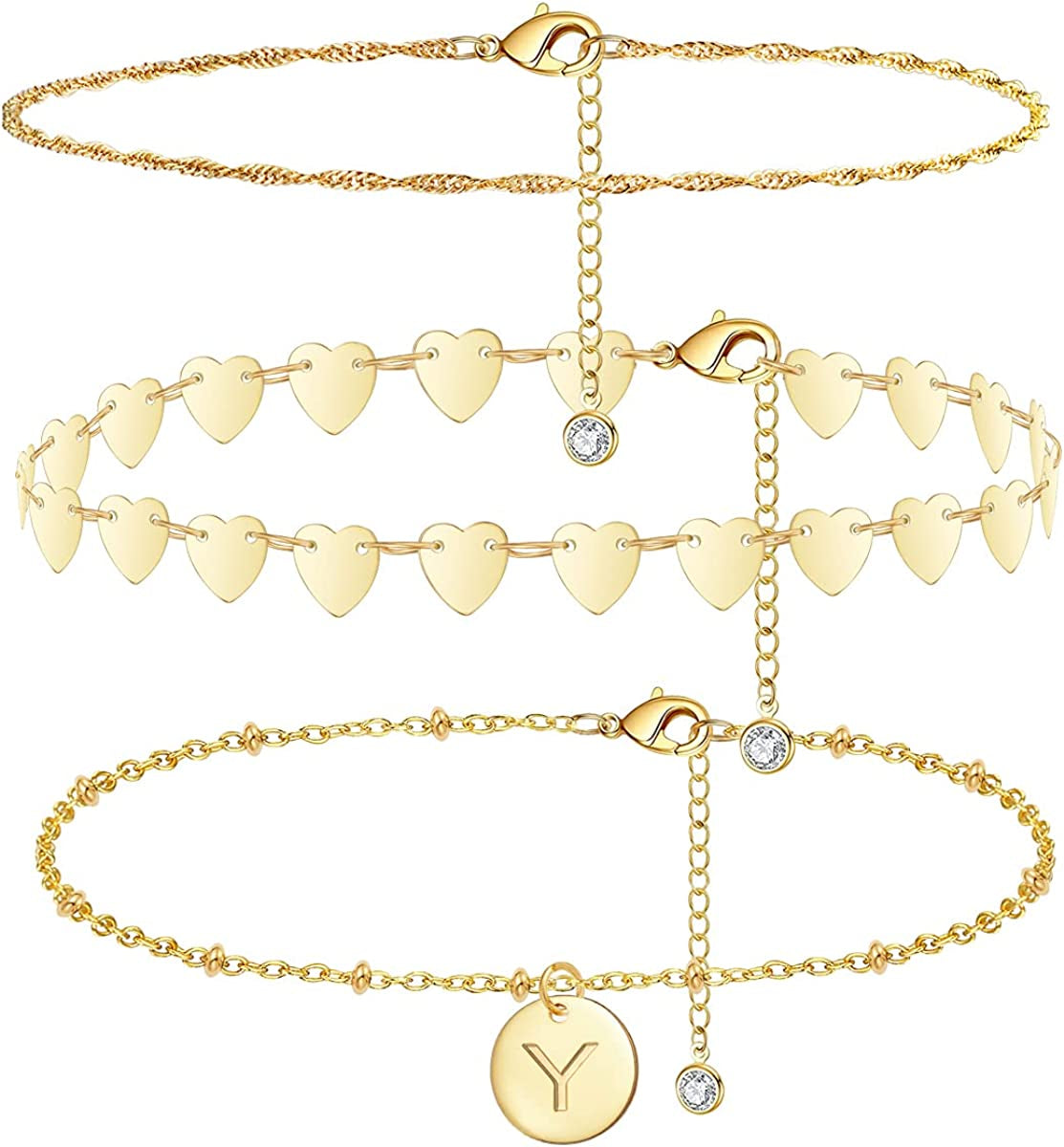 Initial Gold Ankle Bracelets for Women 14K Gold Plated Anklet Heart Chain Anklet Dainty Engraved a to Z Letter Charm Alphabet Satellite Beaded Layered Anklet Set 3Pcs Apparel & Accessories > Jewelry > Anklets Vermeyen Y