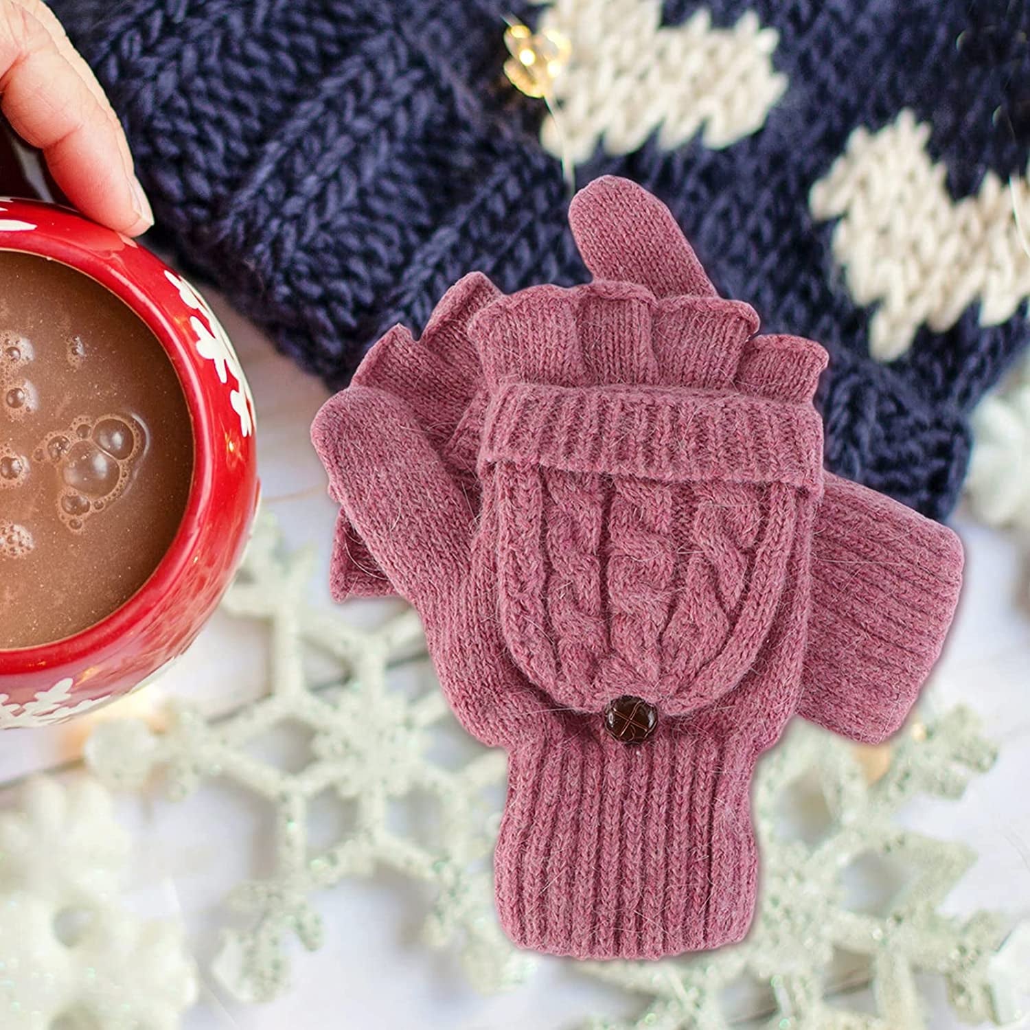 UEETEK Women Winter Warm Wool Knitted Convertible Fingerless Gloves with Mitten Cover (Brown) Apparel & Accessories > Clothing Accessories > Gloves & Mittens UEETEK