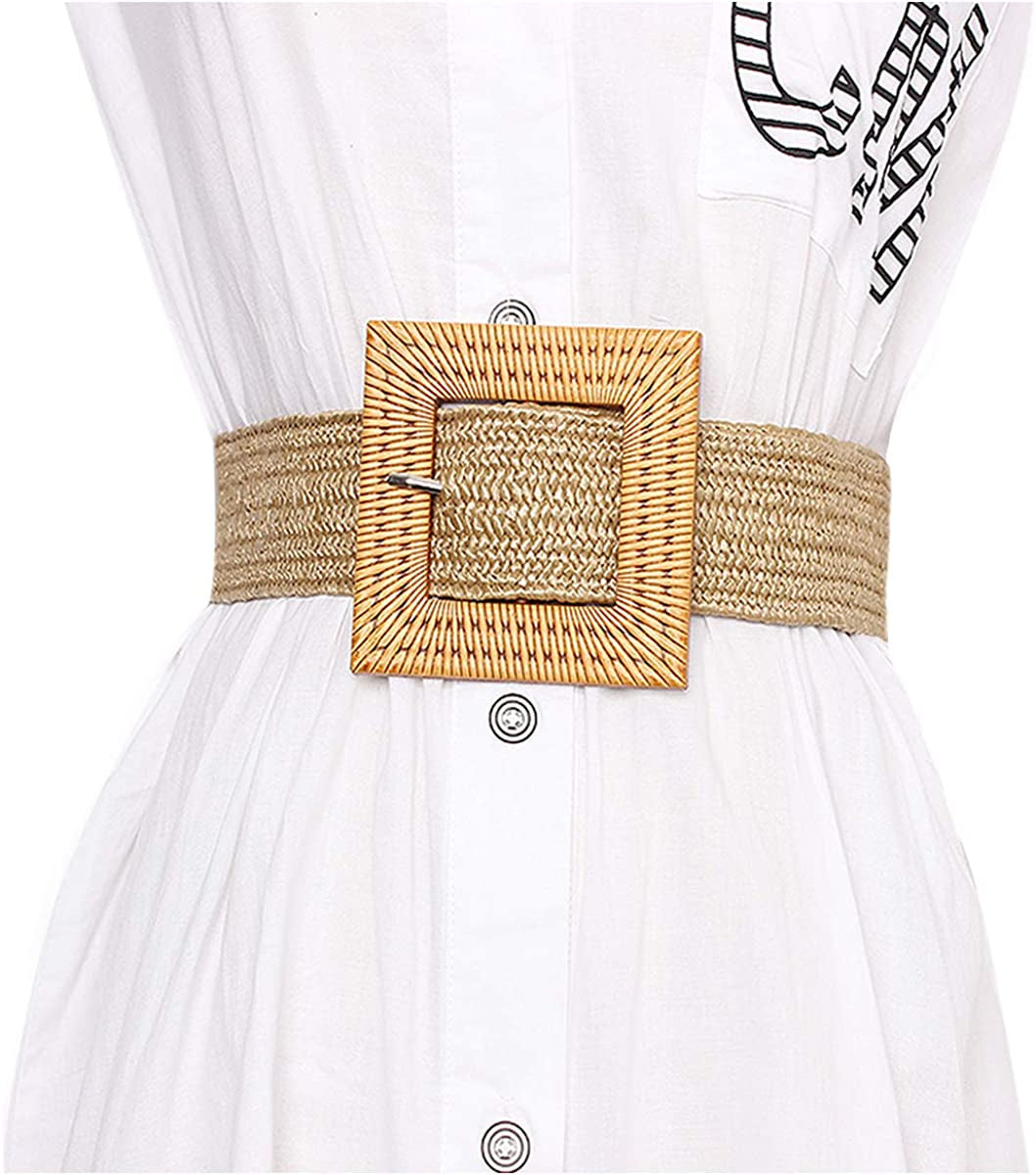 Women Skinny Dress Belt, Fashion Straw Woven Elastic Stretch Waist Band Wood Buckle Belt Apparel & Accessories > Clothing Accessories > Belts YUCFOREN Khaki Waist below 45"