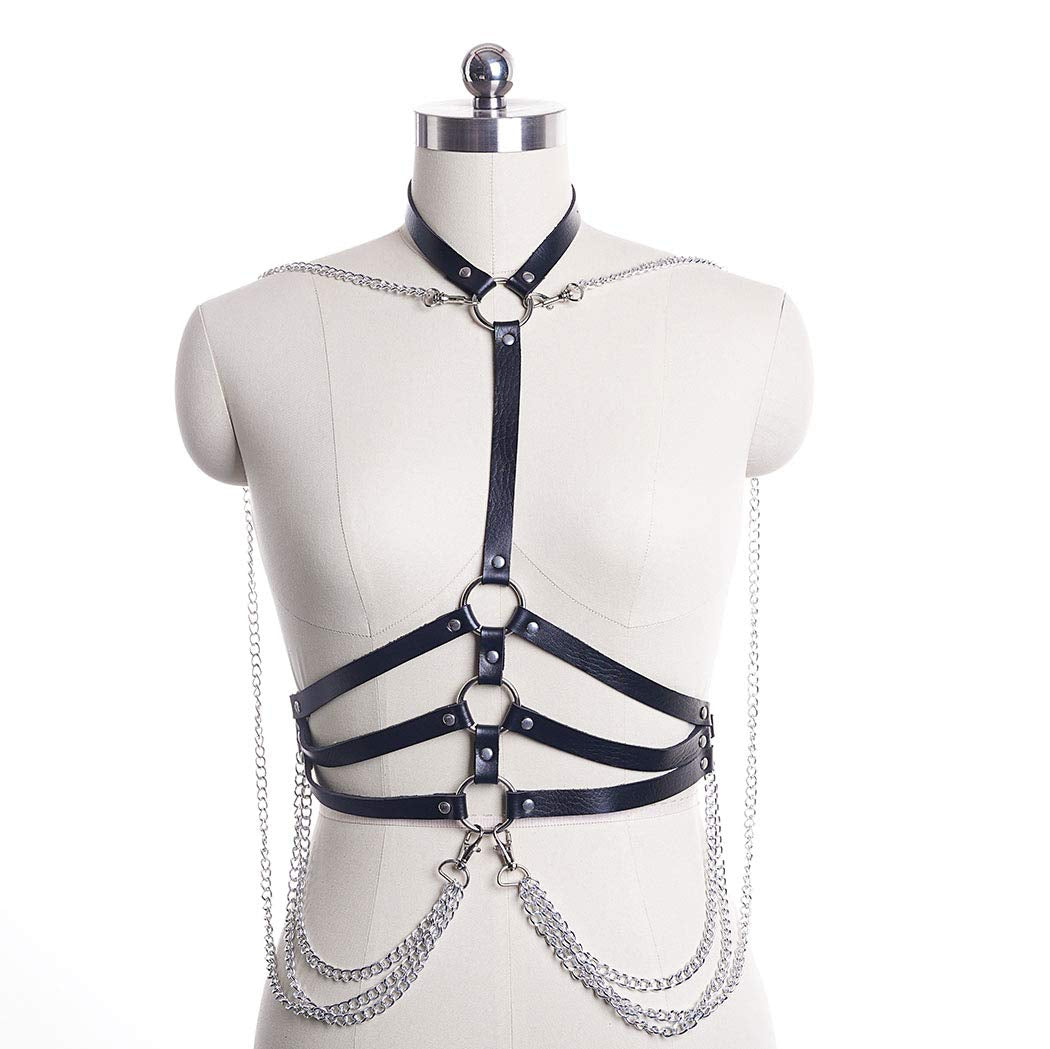 Asooll Punk Leather Body Chains Tassel Black Waist Belt Chain Beach Body Chain Bra Fashion Harness Charm Body Accessories Jewelry for Women and Girls Apparel & Accessories > Jewelry > Body Jewelry Asooll