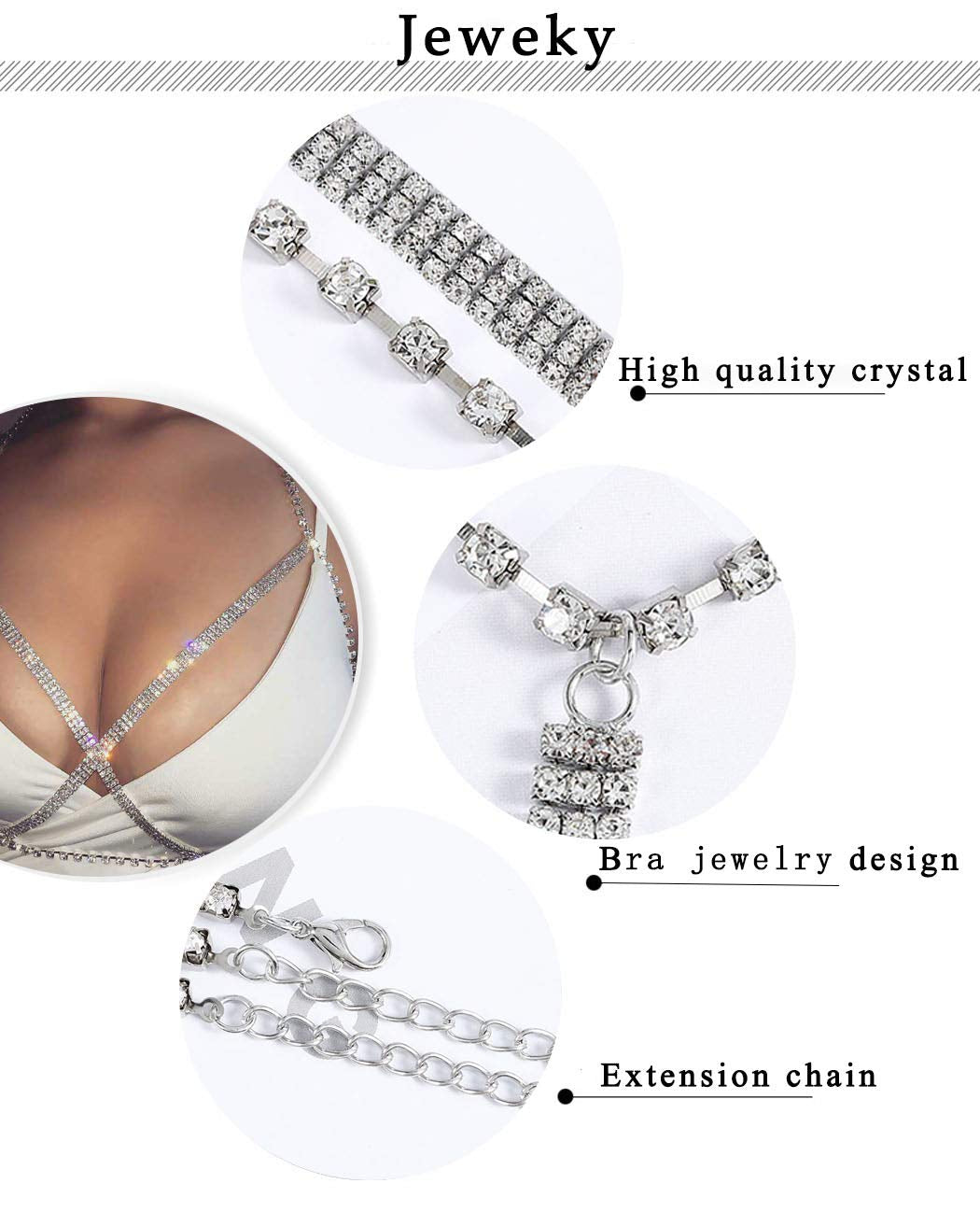 Jeweky Boho Crystal Body Chain Silver Rhinestone Harness Bra Jewelry Beach Bikini Body Jewelry for Women and Girls Apparel & Accessories > Jewelry > Body Jewelry Artist Unknown
