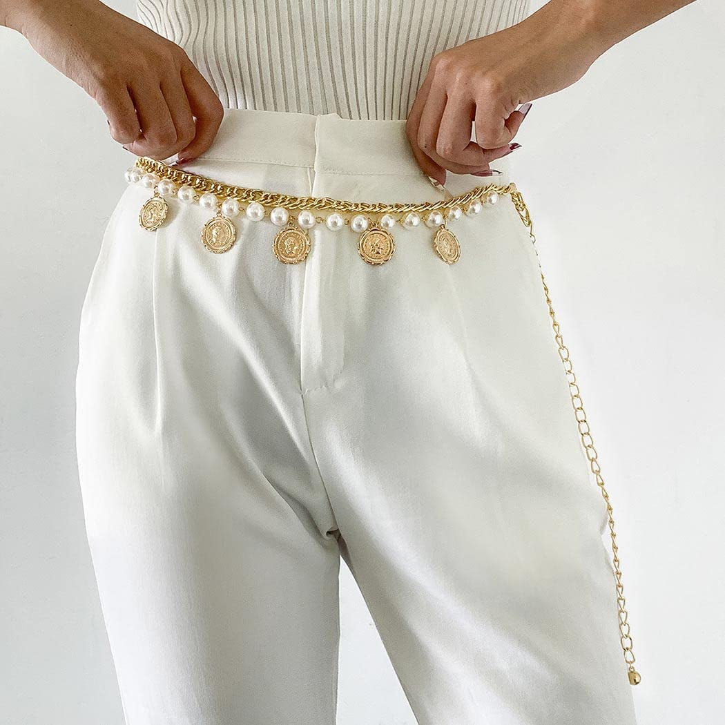 Pearl Tassel Belly Chain Retro Gold Coin Adjustable Chunky Body Chains Layered Nightclub Waist Chain Jewelry for Women & Girls, One Size Apparel & Accessories > Jewelry > Body Jewelry Generic