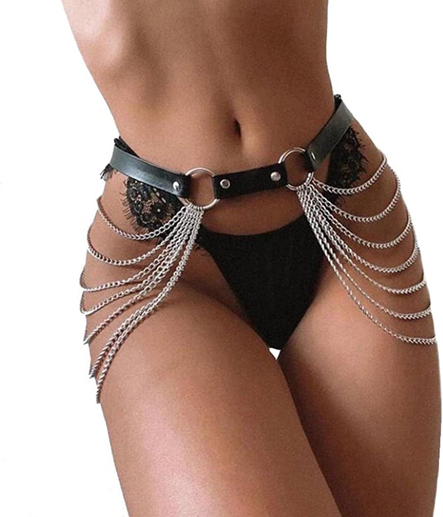 Punk Leather Waist Chain Silver Belly Body Chains Festival Body Chain Jewelry for Women and Girls Apparel & Accessories > Jewelry > Body Jewelry Muyyan