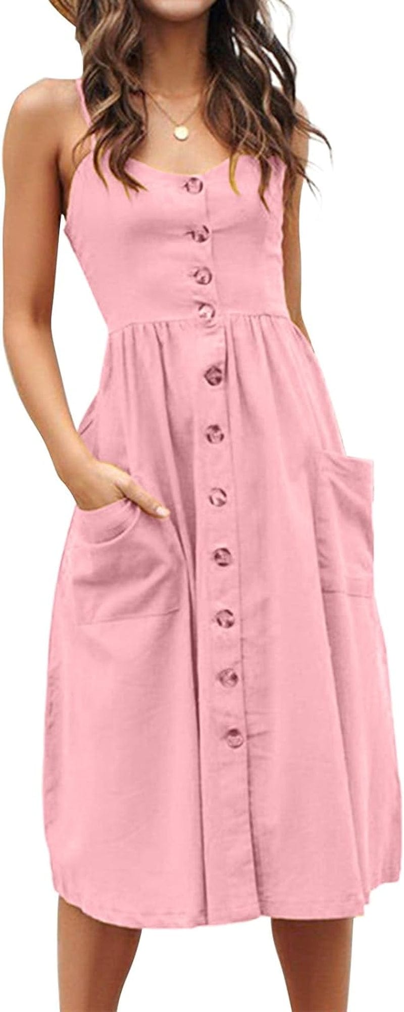 ECHOINE Women'S Summer Dresses, Floral Boho Spaghetti Strap Button down Swing Midi Beach Dress with Pockets Pink / Large